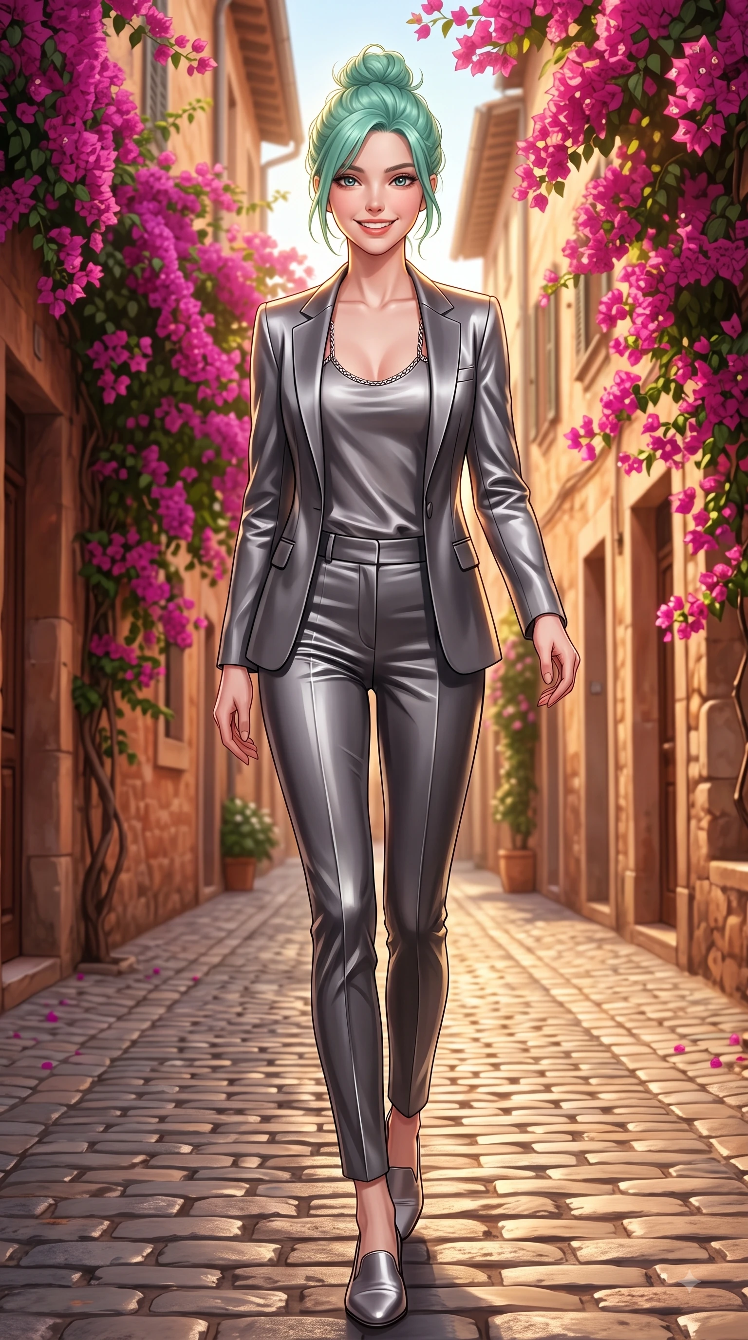 score_9, masterpiece, best quality, ultra-detailed, high-budget anime keyframe, editorial fashion photography, tasteful artistic composition, Japanese woman. low angle full-body shot from head to toe showing her feet, filling the entire 9:16 vertical frame with her statuesque presence, stretching her vertical silhouette. stepping forward in a proud dynamic stride with a cheerful beaming smile, her vertical silhouette filling the frame while pivoting in a graceful resort stride down a sunlit cobblestone alley surrounded by bougainvillea, vivid magenta bougainvillea blossoms creating colorful framing around her smiling face. She has an absolutely perfect, statuesque 8.5-heads proportion, an exceptionally tall and slender model-like female figure with impossibly long slender legs and an ultra-slim waist. sharp v-shaped jawline, high-bridge nose, intricate jewel-like eyes with depth, thick eyelashes, glossy lips with a natural sheen, flawlessly proportioned anatomical accuracy, natural body alignment, perfectly sculpted elegant limbs, clean dynamic posture without body distortion. wearing a tailored silk blazer over a form-contouring scoop-neck top and slacks in charcoal grey and platinum, crafted from smooth liquid silk, adorned with delicate metallic chain straps along the neckline, the tailored fabric tightly following every curve of her athletic build. illuminated by warm golden sunlight with soft terracotta ambient fill. ultra-reflective glossy finish, specular highlights, metallic sheen, high-contrast stereoscopic depth, volumetric dynamic lighting, 2k, ultra detail, master piece, 9:16 ratio