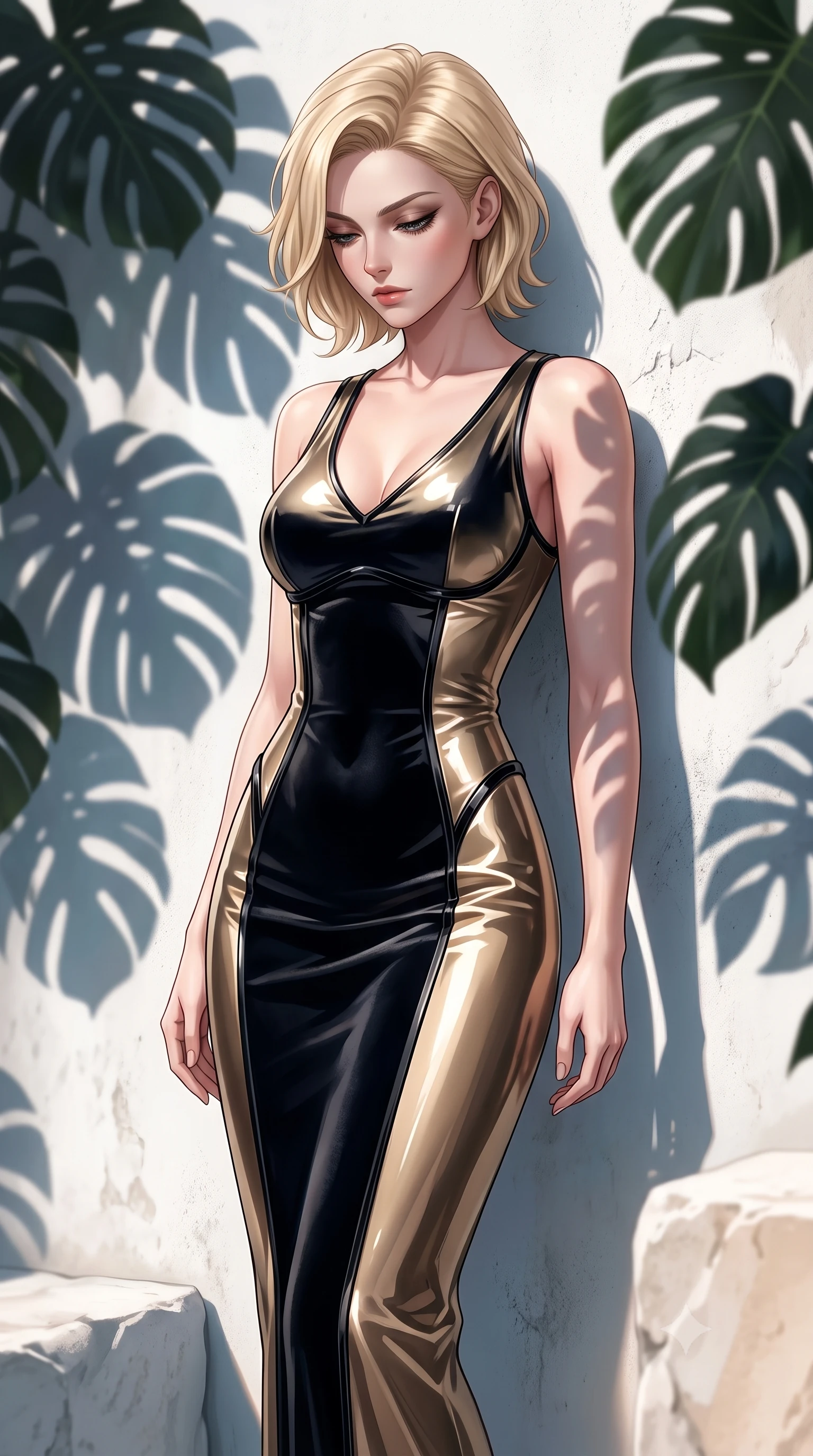 score_9, masterpiece, best quality, ultra-detailed, high-budget anime keyframe, editorial fashion photography, tasteful artistic composition, Caucasian woman. close-up cowboy shot from the waist and thighs up, the character dominates the composition, filling the frame with her large presence, background elements kept in soft focus. Looking down with lowered lashes and a composed, powerful dark aura, resting against a white plaster wall wrapped in lush green monstera shadows, sculpted athletic build contoured by a sleek activewear bodysuit. She has an exceptionally elegant, slender, and willowy female figure with an ultra-slim waist, a gracefully sculpted slender torso, and a refined silhouette. sharp v-shaped jawline, high-bridge nose, intricate jewel-like eyes with depth, thick eyelashes, glossy lips with a natural sheen. wearing sculpted form-fitting dark velvet column gown in pitch black in champagne gold, made of high-gloss liquid vinyl, adorned with minimalist black onyx hardware framing the silhouette, contouring every curve with an exceptionally elegant silhouette. illuminated by clear natural daylight and warm fill light from white stone. highly saturated vibrant anime colors, detailed shading with soft gradients, rich glossy textures, high-contrast stereoscopic depth, volumetric dynamic lighting, master piece, 9:16 ratio