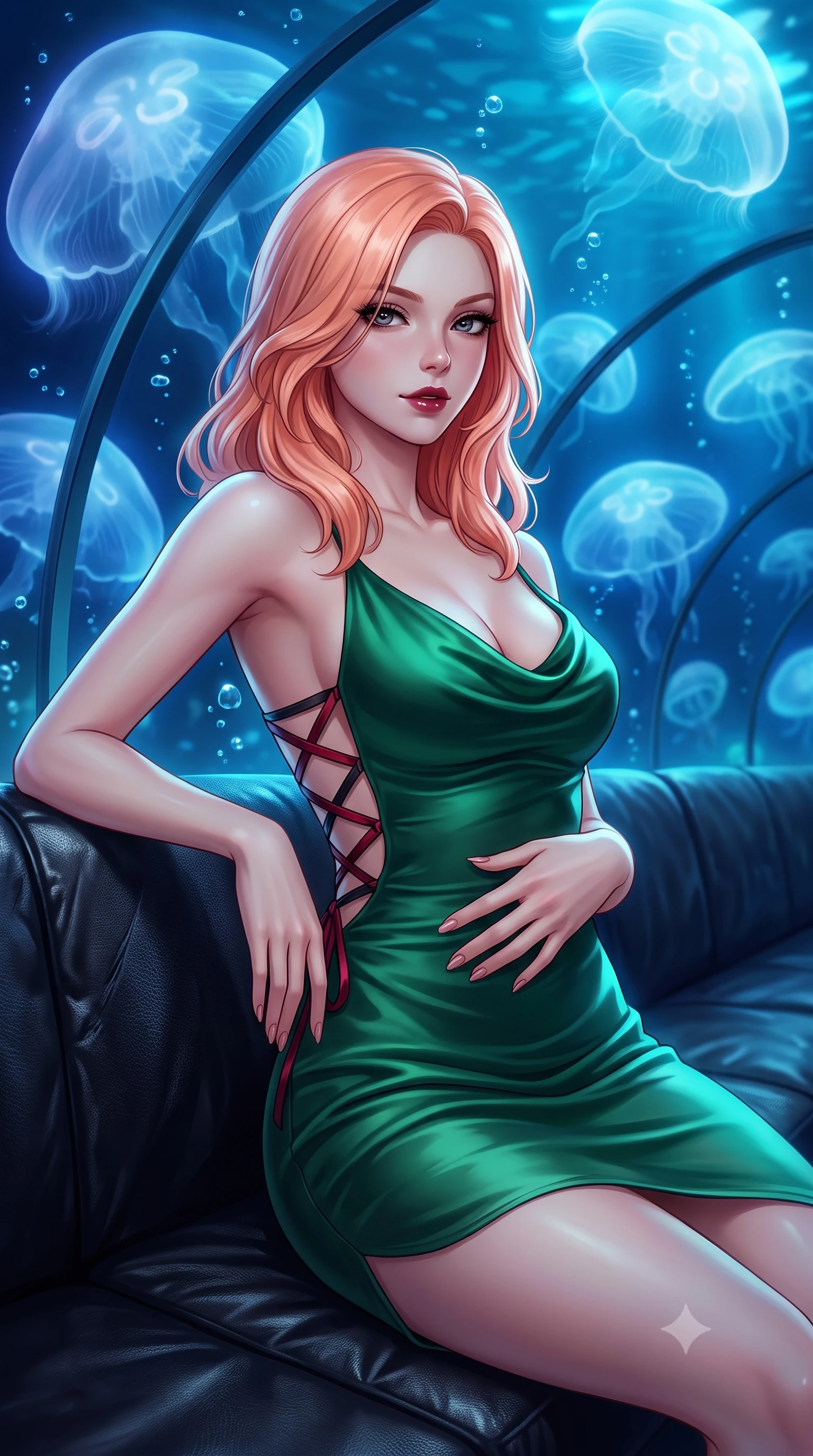 score_9, masterpiece, best quality, ultra-detailed, high-budget anime keyframe, semi-realistic 3D game render, editorial fashion photography, tasteful artistic composition, Japanese woman. close-up cowboy shot from the waist and thighs up, the character dominates the composition, filling the frame with her large presence. leaning back against the leather lounge with relaxed seductive grace, one hand resting on her flat midriff as her narrow waist and curvy hips command the frame while standing centered within the curved acrylic tunnel as colossal translucent moon jellyfish pulse silently, arching her back with an ethereal, sovereign expression. The composition keeps background elements in soft focus with dreamy creamy bokeh. deep ocean water currents and floating air micro-bubbles softened in surreal aquatic shallow focus. She has an exceptionally elegant, slender, and willowy female figure with an ultra-slim waist, flat toned midriff, narrow ribcage, and sculpted feminine hips creating an alluring, slim hourglass silhouette without bulk. sharp v-shaped jawline, high-bridge nose, intricate jewel-like dark sparkling eyes with dangerous depth, thick curled eyelashes, glossy parted lips with a rich wine sheen, smoldering seductive half-smile with bedroom-eyes, exuding effortless superiority and intoxicating dark allure, flawlessly proportioned anatomical accuracy, strict slender model proportions, natural body alignment, perfectly sculpted long slender limbs, ultra-slim waistline, clean dynamic posture without body distortion. wearing a cowl-neck emerald green silk satin slip dress with criss-cross back straps and hip-accentuating drape in ruby crimson and muted shadow black, made of liquid-tight stretch jersey emphasizing every curve of her body, featuring a dramatic criss-cross satin back lacing tracing her slender spine, the high-waisted tailoring accentuating her ultra-slim waistline and the enchanting curve of her feminine hips with alluring dark charm. bathed in deep ethereal sapphire and cyan bioluminescent ambient glow radiating from all sides. highly saturated vibrant anime colors, detailed shading with soft gradients, rich glossy textures, high-contrast stereoscopic depth, volumetric dynamic lighting, master piece, 9:16 ratio