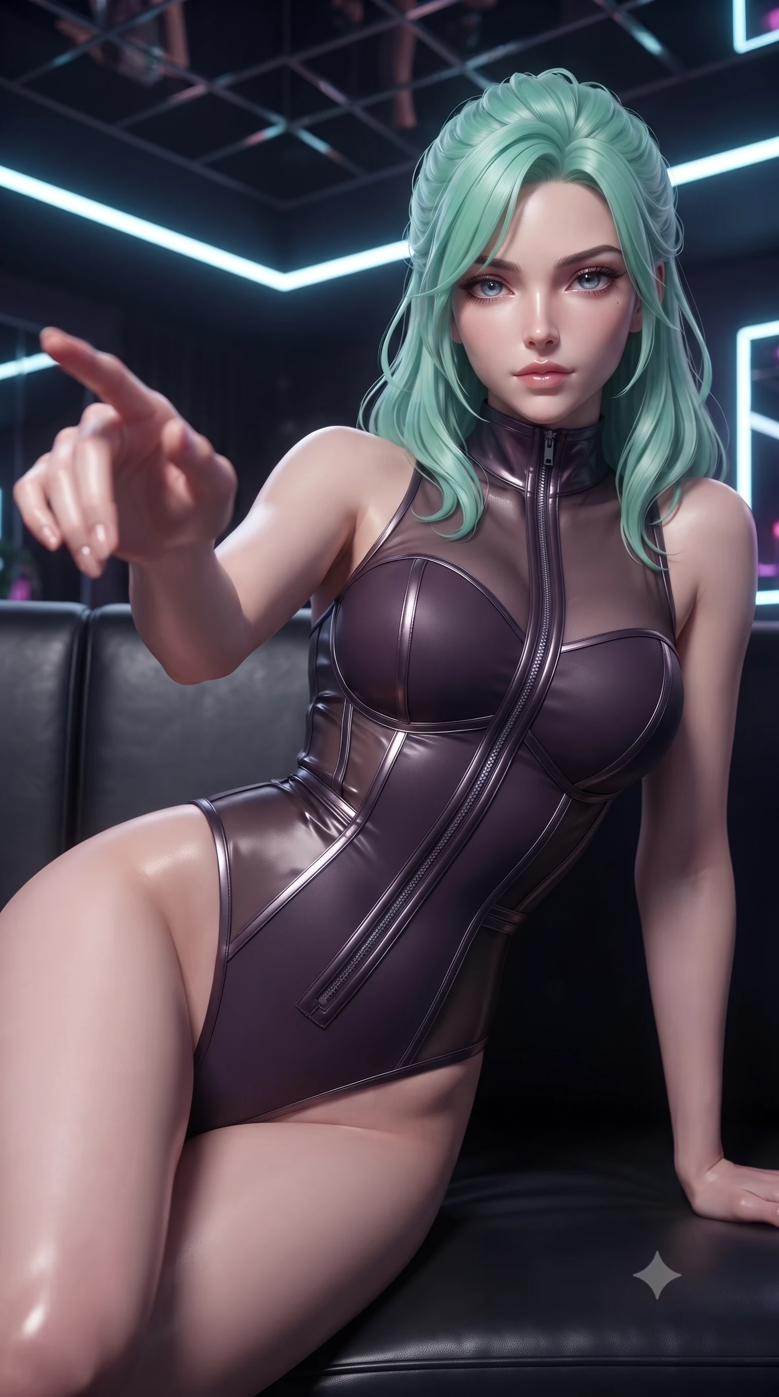 score_9, masterpiece, best quality, ultra-detailed, high-budget anime keyframe, editorial fashion photography, tasteful artistic composition, Japanese woman. close-up cowboy shot from the waist and thighs up, the character dominates the composition, filling the frame with her large presence, background elements kept in soft focus. Reaching one hand toward the viewer with relaxed sensual elegance, lounging on a dark vinyl couch in a private retro-futuristic lounge at 2 AM, high-contrast gloss and matte textures glinting under specular neon lights. She has an exceptionally elegant, slender, and willowy female figure with an ultra-slim waist, a gracefully sculpted slender torso, and a refined silhouette. sharp v-shaped jawline, high-bridge nose, intricate jewel-like eyes with depth, thick eyelashes, glossy lips with a natural sheen. wearing sleek high-neck ribbed activewear bodysuit in matte black in dark plum violet, made of sheer dark organza overlay, finished with metallic silver boning and sleek zipper points, following her slender form with tailored precision. bathed in high-contrast specular reflections from mirror ceilings. ultra-reflective glossy finish, specular highlights, metallic sheen, high-contrast stereoscopic depth, volumetric dynamic lighting, 2k, ultra detail, master piece, 9:16 ratio