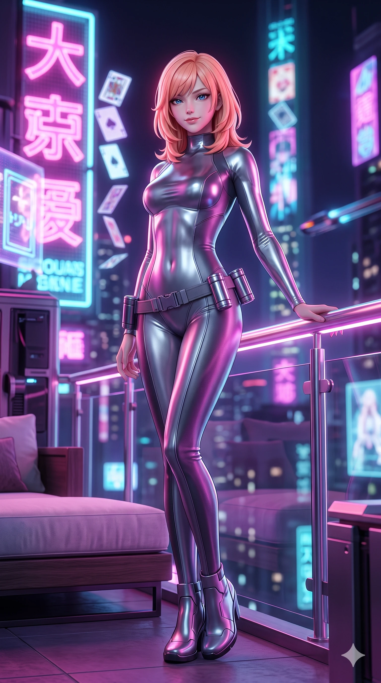 score_9, masterpiece, best quality, ultra-detailed, high-budget anime keyframe, semi-realistic 3D game render, editorial fashion photography, tasteful artistic composition, Japanese woman. low angle full-body shot from head to toe showing her feet, filling the entire 9:16 vertical frame with her statuesque presence, stretching her vertical silhouette. standing in a tall, confident posture with one hand on a glowing metal railing, stretching her statuesque body as she arches her lower back to emphasize her sculpted feminine hips and slender waist while lounging comfortably in an exterior plush daybed propped on one elbow with legs crossed, radiating effortless siren charm amidst the neon night. The background shows a soft-focus colossal towering neon kanji billboards, streams of holographic playing cards, and distant flying traffic blurred into magenta, electric cyan, and deep purple bokeh. She has an absolutely perfect, statuesque 8.5-heads proportion, an exceptionally tall and slender model-like female figure with impossibly long slender legs, an ultra-slim waist, a flat toned midriff, narrow delicate ribcage, and beautifully sculpted feminine hips creating a graceful, slim hourglass silhouette without any bulky heaviness. sharp v-shaped jawline, high-bridge nose, intricate jewel-like sparkling eyes with depth, thick eyelashes, glossy parted lips with a natural sheen, bright confident smile with an enchanting and coquettish sensual glint, exuding both youthful magnetic charm and sovereign high-tech allure, flawlessly proportioned anatomical accuracy, strict slender model proportions, natural body alignment, perfectly sculpted long slender limbs, ultra-slim waistline, clean dynamic posture without body distortion. wearing a body-contouring high-neck metallic cyber-jersey jumpsuit casting radiant starlight shimmer across her flat midriff in reflective liquid mercury and matte phantom grey, woven from high-density tech-wool with subtle metallic thread weave, accented with a sleek utility belt with polished magnetic canisters resting loosely on her curvy hips, the glove-like clinging cut tightly following the natural contour of her hips and long slender legs with youthful 8.5-heads elegance. bathed in the vibrant, highly saturated glow of magenta, electric cyan, and ultraviolet neon billboards. highly saturated vibrant anime colors, detailed shading with soft gradients, rich glossy textures, high-contrast stereoscopic depth, volumetric dynamic lighting, master piece, 9:16 ratio