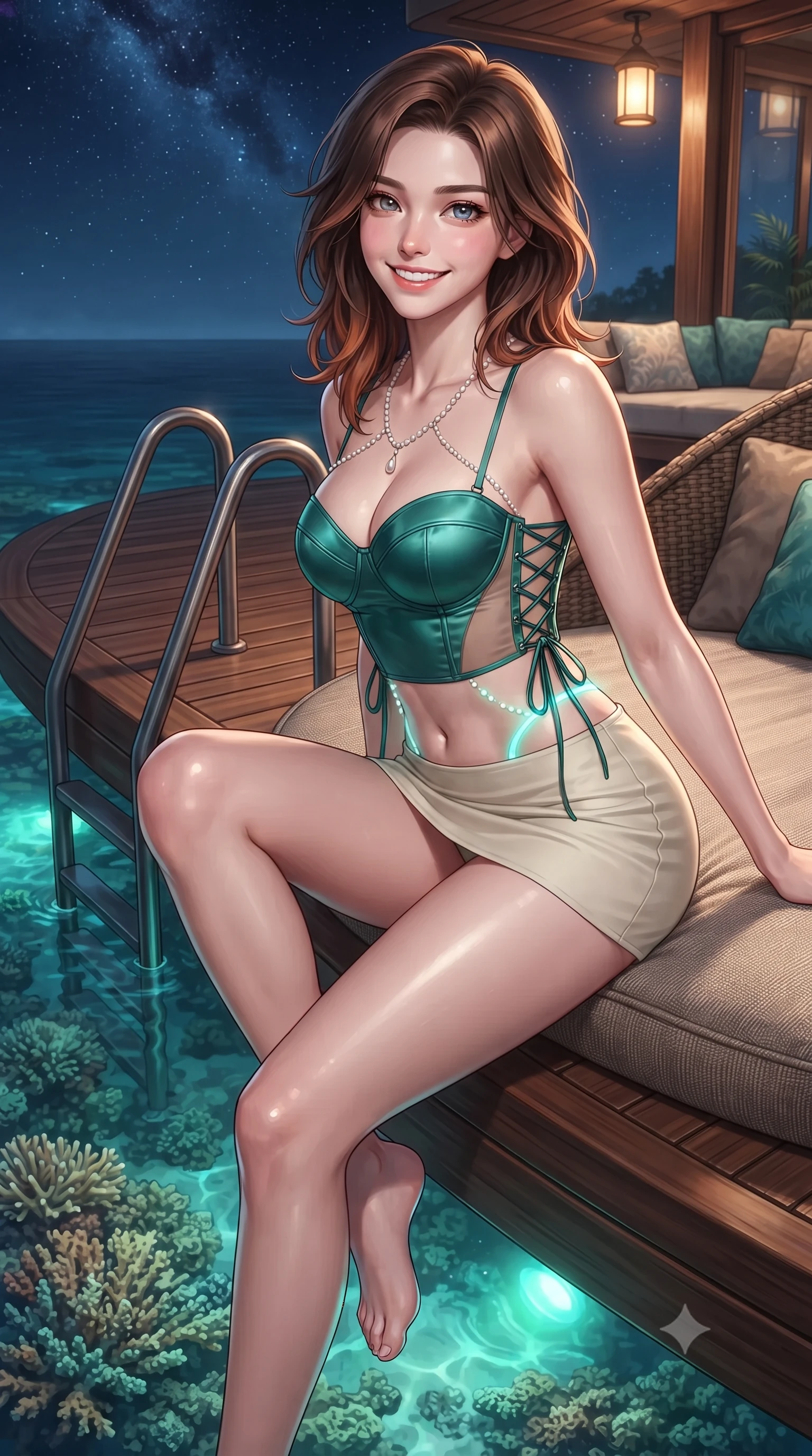 score_9, masterpiece, best quality, ultra-detailed, high-budget anime keyframe, editorial fashion photography, tasteful artistic composition, Korean woman. close-up cowboy shot from the waist and thighs up, the character dominates the composition, filling the frame with her large presence. perched sideways on the lounge seat, one knee drawn up to showcase her slender leg line while her arched back accentuates her feminine hip curve while twisting her slender torso in an alluring contrapposto stance beside the private swim-up ladder, glowing turquoise reef lights wrapping around her flat midriff and hips. The surrounding environment is rendered in vivid detail and crisp panoramic clarity: sharp natural teak plank grain, polished brass deck cleats, and live coral reef texture through transparent water in deep focus. She has an exceptionally elegant, slender, and willowy female figure with an ultra-slim waist, flat toned midriff, narrow ribcage, and sculpted feminine hips creating an alluring, slim hourglass silhouette without bulk. sharp v-shaped jawline, high-bridge nose, intricate jewel-like sparkling eyes with depth, thick eyelashes, glossy parted lips with a natural peach sheen, bright cheerful beaming smile with an enchanting and coquettish sensual glint, exuding both youthful cute charm and seductive allure, flawlessly proportioned anatomical accuracy, strict slender model proportions, natural body alignment, perfectly sculpted long slender limbs, ultra-slim waistline, clean dynamic posture without body distortion. wearing a sculpted satin underwire crop bustier with lace-up side ties paired with a micro skirt in Mayan cenote emerald jade and subterranean limestone cream, featuring strategic sheer-illusion tulle side panels framing her ribcage and hips, accented with a pearl-drop body harness subtly framing her dewy collarbones and spine, the form-contouring silhouette accentuating her sculpted flat midriff, narrow delicate ribcage, and gracefully curvy hips with intoxicating allure. bathed in underwater reef cyan-and-green LEDs shining upward contrasted with warm 2700K deck lanterns and clear tropical starlight. ultra-reflective glossy finish, specular highlights, rich textural contrasts, high-contrast stereoscopic depth, volumetric dynamic lighting, 2k, ultra detail, master piece, 9:16 ratio