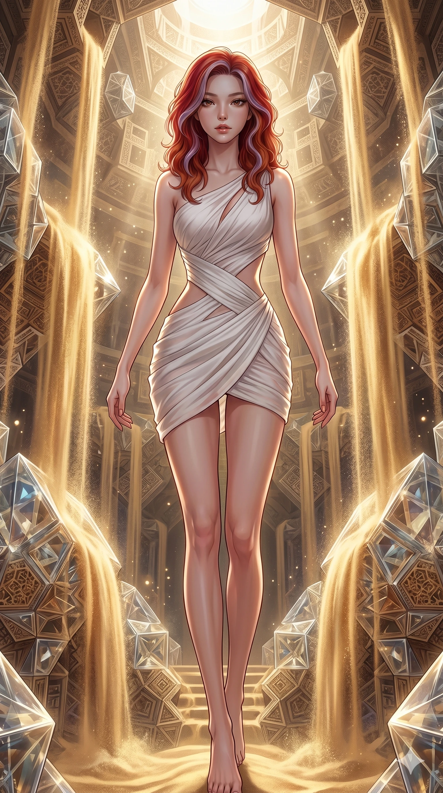 score_9, masterpiece, best quality, ultra-detailed, high-budget anime keyframe, Korean woman. low angle full-body shot filling the entire 9:16 frame with her statuesque presence, stretching the vertical silhouette. descending through a fractal quicksand temple where golden sand waterfalls transform into glass crystals, revealing intricate repeating patterns. She has an absolutely perfect 8-heads proportion, an exceptionally tall and slender female figure with impossibly long slender legs and an ultra-slim waist. V-shaped jawline, high-bridge nose, intricate jewel-like eyes with depth, thick eyelashes, glossy lips with a natural sheen.. wearing an asymmetric chiffon draped couture mini dress, featuring draped white chiffon fabric twisting around her body with elegant diamond cutouts on the waist. illuminated by dramatic chiaroscuro casting soft shadows along her curves, with vibrant backlighting highlighting the dust particles. 2k, ultra detail, master piece, 9:16 ratio