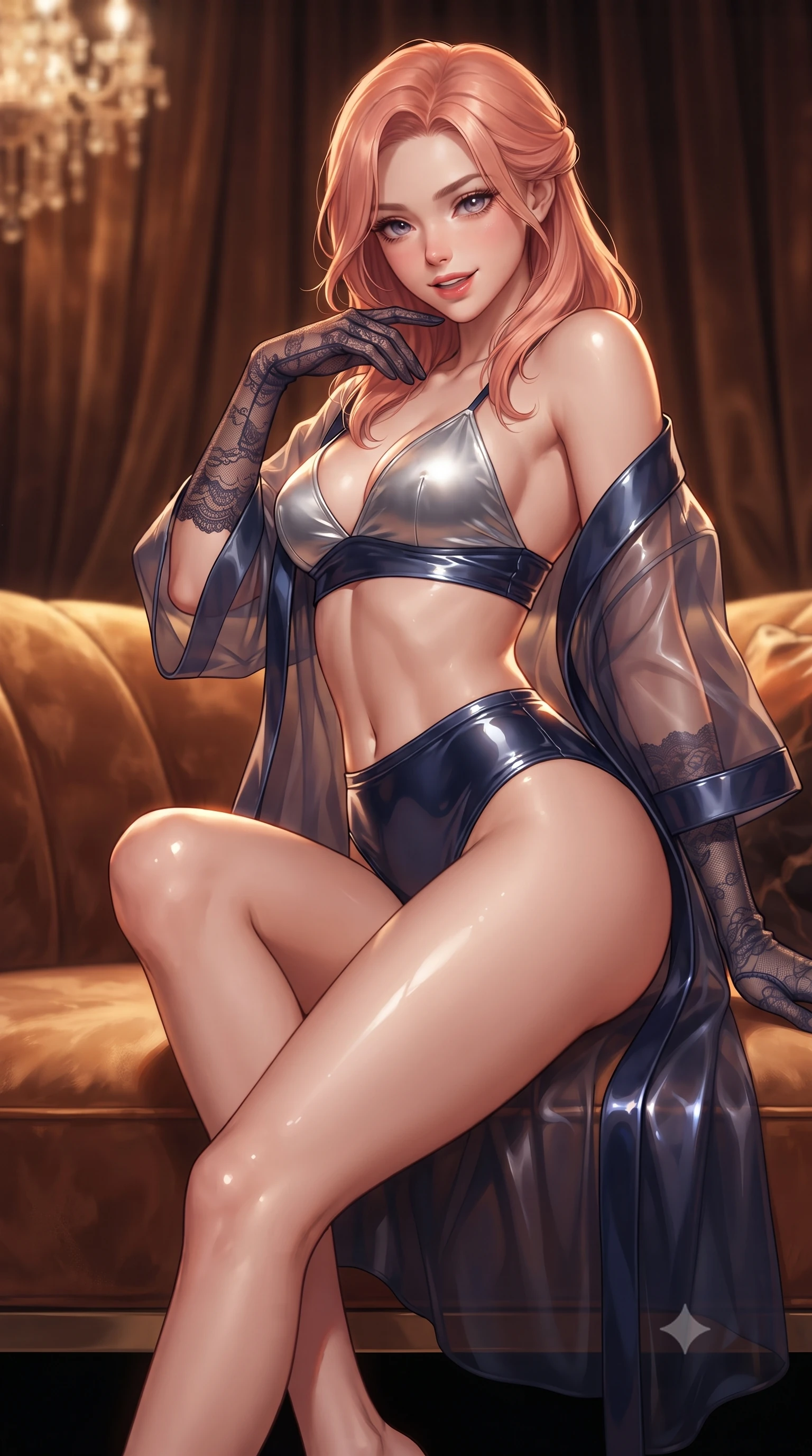 score_9, masterpiece, best quality, ultra-detailed, high-budget anime keyframe, editorial fashion photography, tasteful artistic composition, Japanese woman. close-up cowboy shot from the waist and thighs up, the character dominates the composition, filling the frame with her large presence. perched sideways on the lounge seat, one knee drawn up to showcase her slender leg line while her arched back accentuates her feminine hip curve while twisting her slender torso in an alluring S-curve, warm backlit onyx stone tracing her narrow waist, flat midriff, and rounded hips. The background shows a soft-focus heavy velvet salon portières softened in historic Riviera gambling salon shallow focus. She has an exceptionally elegant, slender, and willowy female figure with an ultra-slim waist, flat toned midriff, narrow ribcage, and sculpted feminine hips creating an alluring, slim hourglass silhouette without bulk. sharp v-shaped jawline, high-bridge nose, sparkling eyes with hypnotic seductive depth, thick curled eyelashes, glossy parted lips with a natural dewy peach sheen, alluring bedroom-eyes with an enchanting coquettish smile, exuding magnetic siren charisma and sophisticated glamour, flawlessly proportioned anatomical accuracy, strict slender model proportions, natural body alignment, perfectly sculpted long slender limbs, ultra-slim waistline, clean dynamic posture without body distortion. wearing a sheer organza kimono robe worn loose and slipping off bare shoulders over a matching satin bralette and high-waisted briefs in molten liquid silver and deep sapphire navy, crafted from wet-look high-gloss vinyl fabric with dazzling specular surface reflections, complemented by sheer opera-length lace evening gloves tracing her slender arms, the form-contouring silhouette accentuating her sculpted flat midriff, narrow delicate ribcage, and gracefully curvy hips with intoxicating allure. illuminated by chandelier reflections and sharp warm-amber rim lights defining her delicate clavicles, ultra-slim waist, and curvy hips. ultra-reflective glossy finish, specular highlights, rich textural contrasts, high-contrast stereoscopic depth, volumetric dynamic lighting, 2k, ultra detail, master piece, 9:16 ratio
