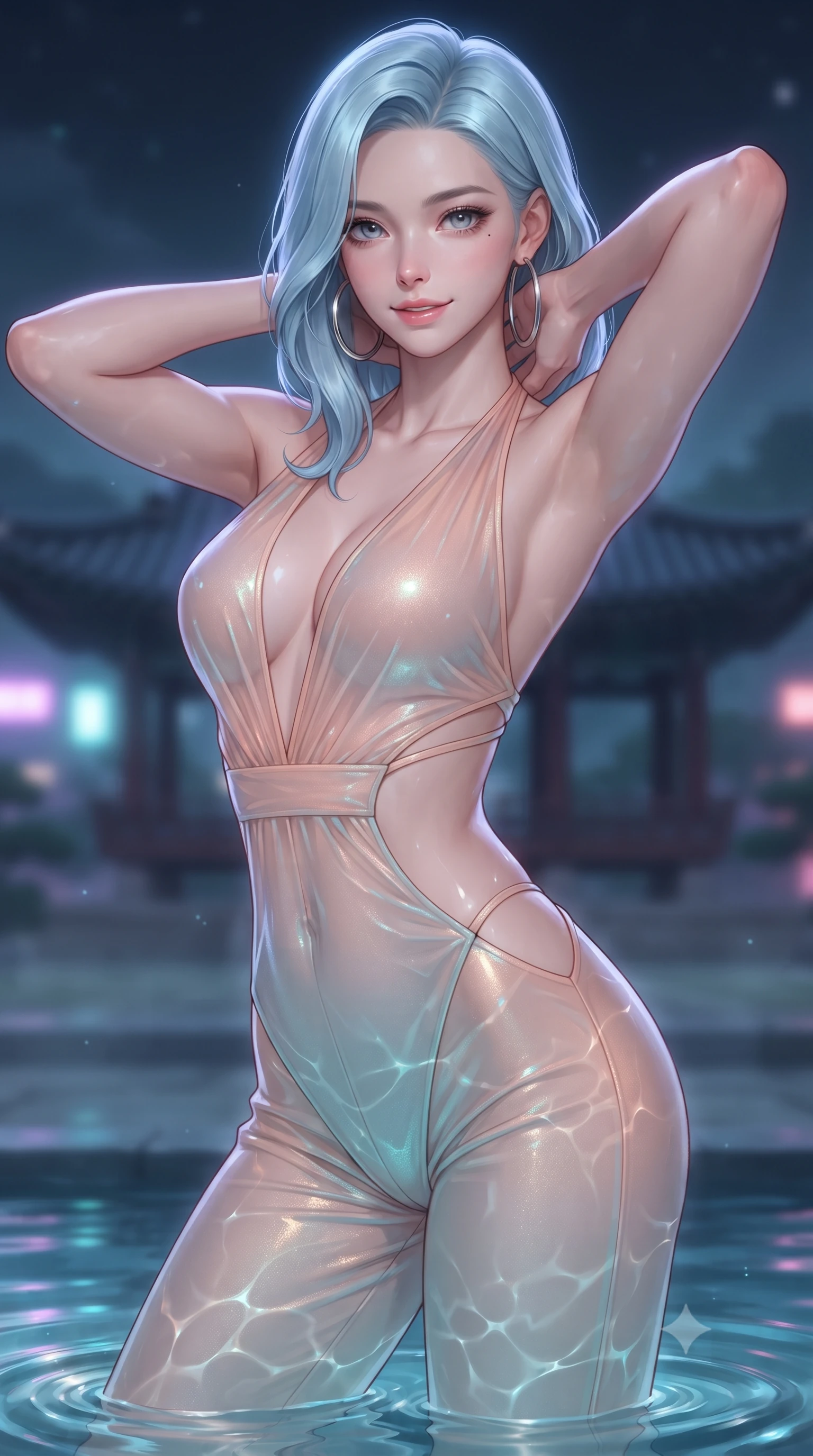 score_9, masterpiece, best quality, ultra-detailed, high-budget anime keyframe, editorial fashion photography, tasteful artistic composition, Korean woman. close-up cowboy shot from the waist and thighs up, the character dominates the composition, filling the frame with her large presence. resting both hands lightly behind her neck with elbows raised, arching her spine to highlight her narrow waist, flat midriff, and breathtaking collarbones while twisting her slender torso in an alluring S-curve, water rippling below casting liquid reflections over her flat midriff and hips. The background shows a soft-focus curved pavilion roofs in the distance softened in dreamy nocturnal landscape shallow focus. She has an exceptionally elegant, slender, and willowy female figure with an ultra-slim waist, flat toned midriff, narrow ribcage, and sculpted feminine hips creating an alluring, slim hourglass silhouette without bulk. sharp v-shaped jawline, high-bridge nose, sparkling eyes with hypnotic seductive depth, thick curled eyelashes, glossy parted lips with a natural dewy peach sheen, alluring bedroom-eyes with an enchanting coquettish smile, exuding magnetic siren charisma and sophisticated glamour, flawlessly proportioned anatomical accuracy, strict slender model proportions, natural body alignment, perfectly sculpted long slender limbs, ultra-slim waistline, clean dynamic posture without body distortion. wearing a liquid metallic lamé plunge halterneck jumpsuit clinging like a second skin with high-cut side hip cutouts in pastel peach blossom and celadon porcelain blue, made of delicate semi-sheer Korean gossamer organza with subtle pearlescent glints, accented with oversized polished chrome hoop earrings catching the ambient neon glow, the high-slit wrap tailoring accentuating her ultra-slim waistline and the enchanting curve of her feminine hips with alluring seductive charm. illuminated by aquatic reflection bounce and sharp silvery rim lighting defining her razor-sharp jawline, narrow waist, and curvy hips. ultra-reflective glossy finish, specular highlights, rich textural contrasts, high-contrast stereoscopic depth, volumetric dynamic lighting, 2k, ultra detail, master piece, 9:16 ratio