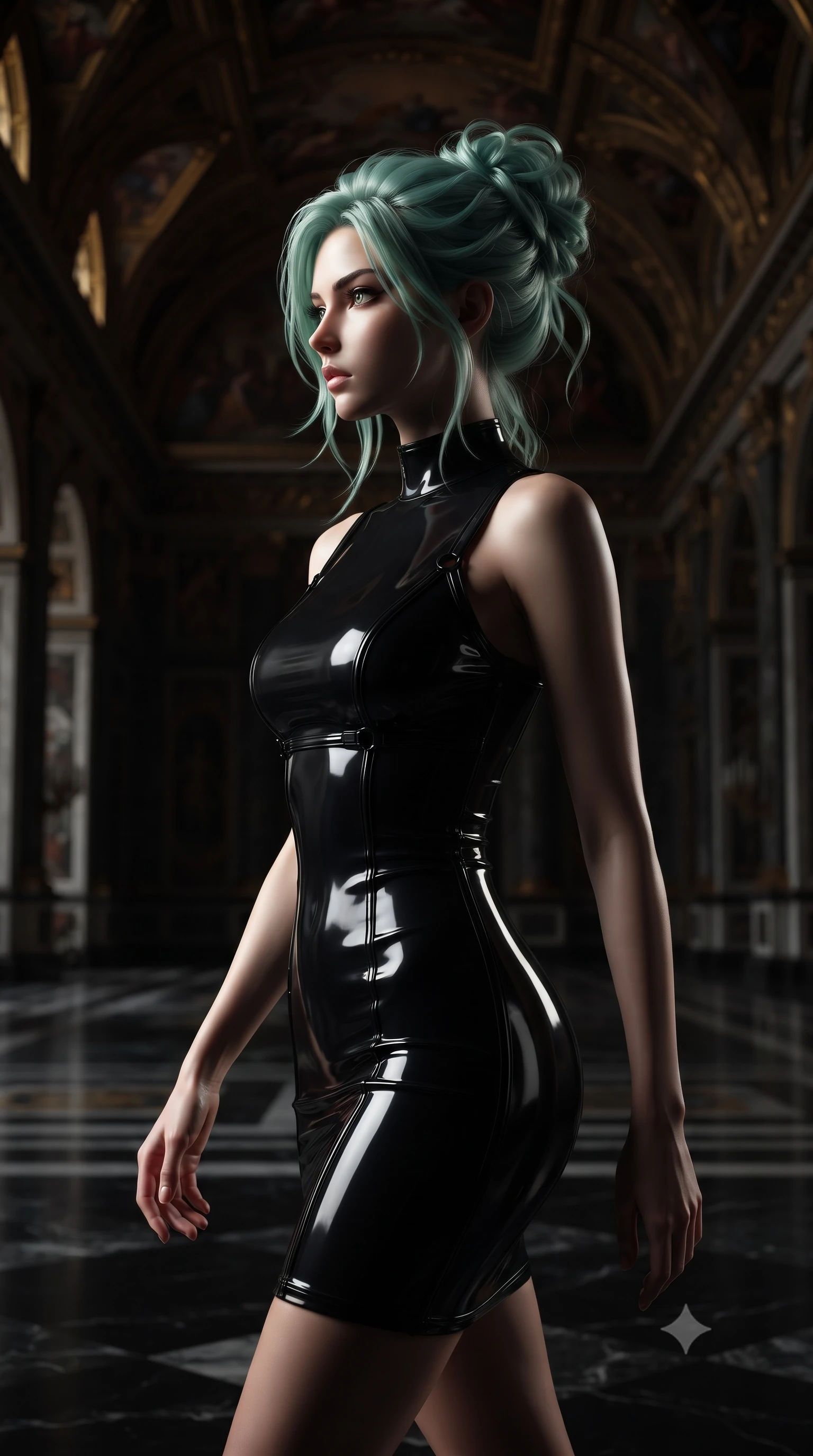 score_9, masterpiece, best quality, ultra-detailed, high-budget anime keyframe, editorial fashion photography, tasteful artistic composition, Japanese woman. close-up cowboy shot from the waist and thighs up, the character dominates the composition, filling the frame with her large presence, background elements kept in soft focus. Turning her face in sharp dramatic profile against the moody key light, walking across a pitch-black marble floor beneath dark gold ceiling frescoes, dramatic theatrical shadows swallowing the colossal architectural background. She has an exceptionally elegant, slender, and willowy female figure with an ultra-slim waist, a gracefully sculpted slender torso, and a refined silhouette. sharp v-shaped jawline, high-bridge nose, intricate jewel-like eyes with depth, thick eyelashes, glossy lips with a natural sheen. wearing precision-fitted bodycon dress in high-gloss liquid vinyl in obsidian black, made of high-gloss liquid vinyl, adorned with minimalist black onyx hardware framing the silhouette, sculpting her athletic slender build with refined precision. surrounded by high-contrast baroque chiaroscuro with sharp rim highlights. ultra-reflective glossy finish, specular highlights, metallic sheen, high-contrast stereoscopic depth, volumetric dynamic lighting, 2k, ultra detail, master piece, 9:16 ratio