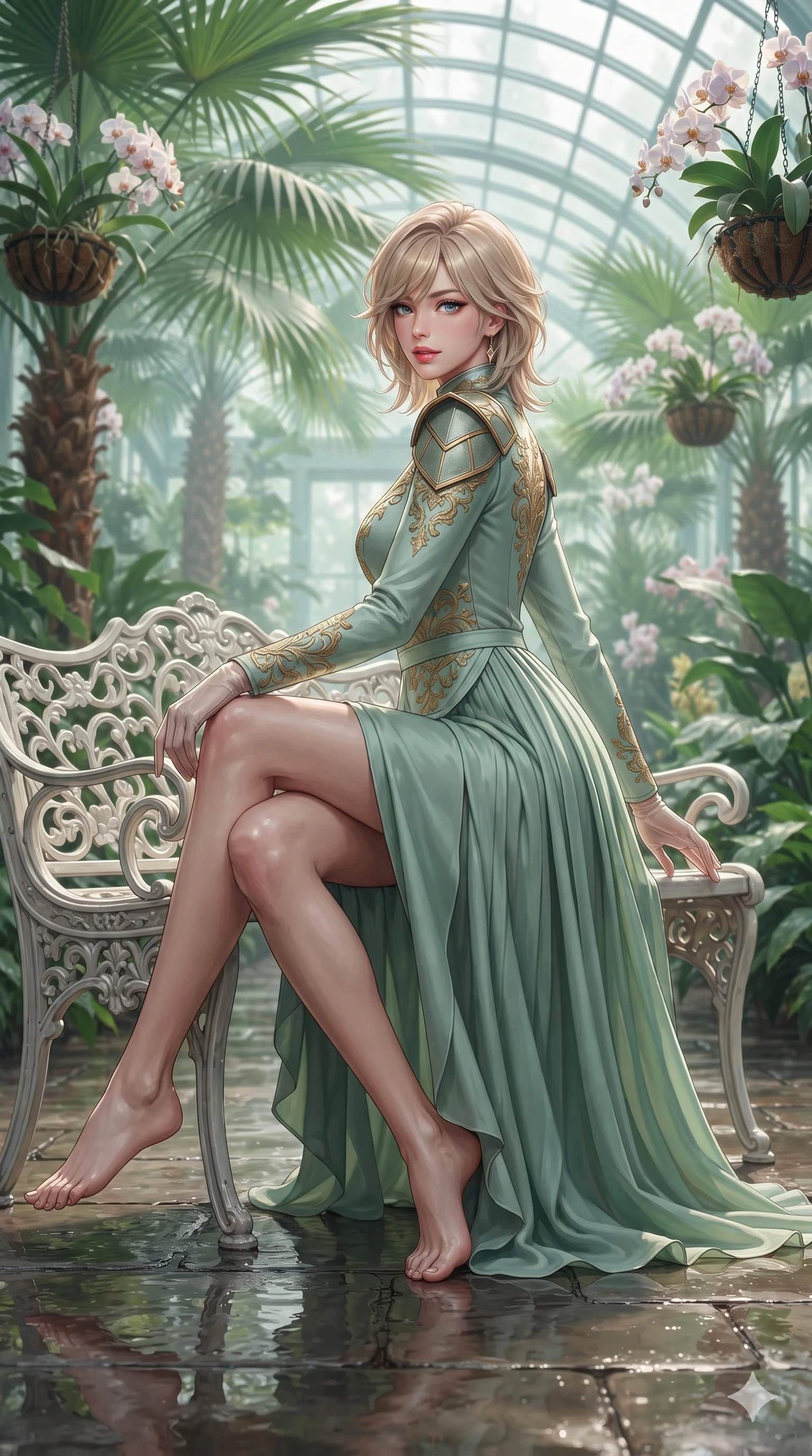 score_9, masterpiece, best quality, ultra-detailed, high-budget anime keyframe, editorial fashion photography, tasteful artistic composition, Japanese woman. low angle full-body shot from head to toe showing her feet, filling the entire 9:16 vertical frame with her statuesque presence, stretching her vertical silhouette. executing a slow, graceful pivot turn as her silk wrap skirt sways around her slender legs, glancing back with an enchanting, teasing sensual expression while sitting gracefully on the white cast-iron garden bench with legs crossed, flashing an enchanting smile with parted glossy lips. The background shows a soft-focus towering exotic fan palms, hanging orchid baskets, and curved greenhouse glass trusses blurred into emerald, jade, and diamond bokeh. She has an exceptionally tall and slender model-like 8.5-heads proportion, an ultra-slim waist, a flat toned midriff, narrow delicate ribcage, and beautifully sculpted feminine hips creating a graceful, slim hourglass silhouette without any bulky heaviness, with impossibly long slender legs. sharp v-shaped jawline, high-bridge nose, intricate jewel-like sparkling eyes with depth, thick eyelashes, glossy parted lips with a natural sheen, intensely captivating and seductive bedroom-eyes expression, exuding both youthful cute charm and sovereign luxury allure, flawlessly proportioned anatomical accuracy, strict slender model proportions, natural body alignment, perfectly sculpted long slender limbs, ultra-slim waistline, clean dynamic posture without body distortion. wearing a refined long-sleeve high-collar silk georgette diplomatic gown with structured geometric shoulder plates and pleated skirt in celadon jade and antique gold-leaf, crafted from bespoke double-faced cashmere with an exceptionally soft tactile finish, complemented by sheer opera-length evening gloves tracing her slender arms, the impeccably tailored cut draping gracefully along her slender figure with aristocratic poise. illuminated by wet flagstone floor reflections and sharp emerald-gold rim lights sculpting her razor-sharp jawline, narrow waist, and curvy hips. ultra-reflective glossy finish, specular highlights, rich textural contrasts, high-contrast stereoscopic depth, volumetric dynamic lighting, 2k, ultra detail, master piece, 9:16 ratio