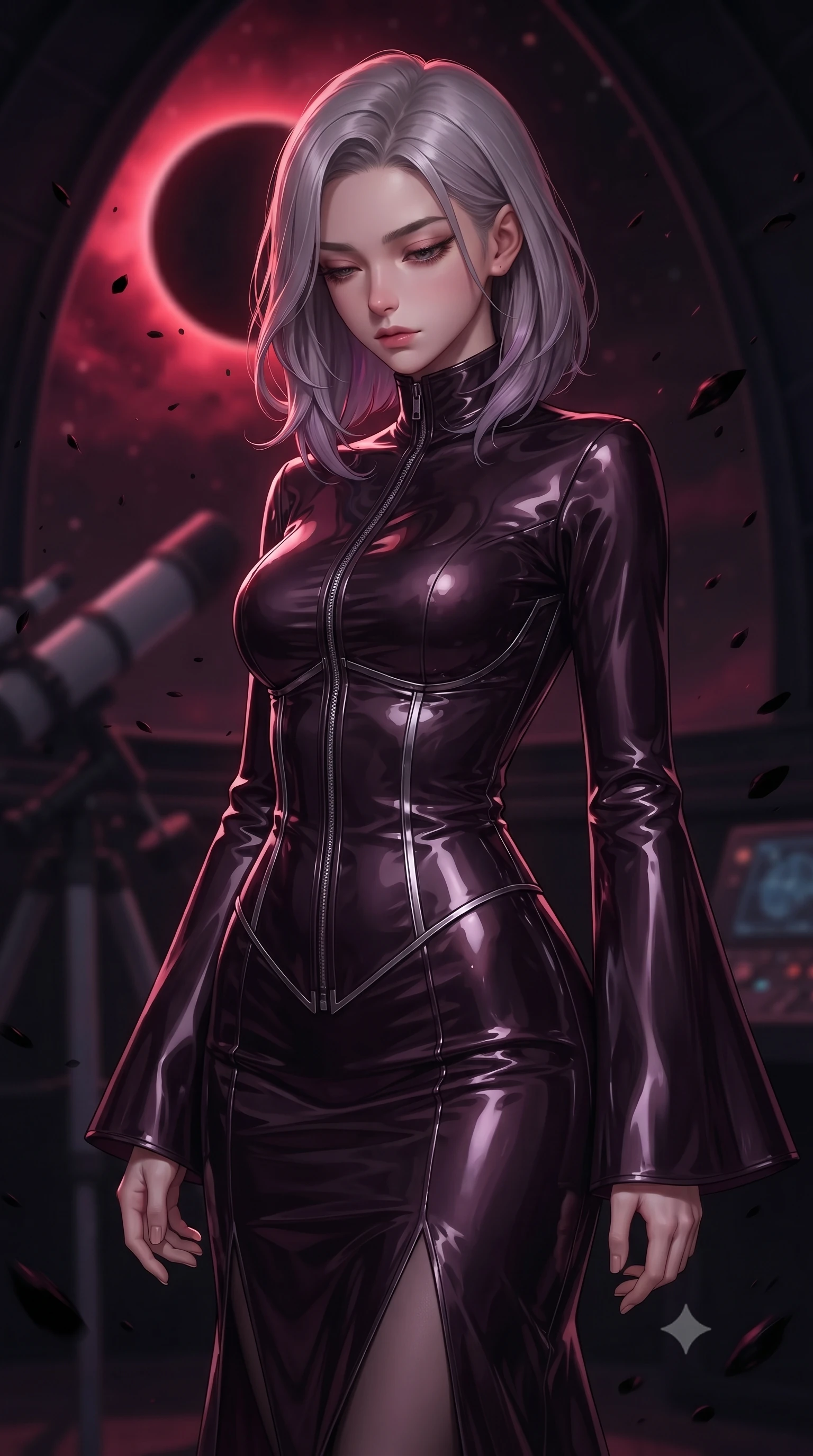 score_9, masterpiece, best quality, ultra-detailed, high-budget anime keyframe, editorial fashion photography, tasteful artistic composition, Caucasian woman. close-up cowboy shot from the waist and thighs up, the character dominates the composition, filling the frame with her large presence, background elements kept in soft focus. Looking down with lowered lashes and a composed, powerful dark aura, inside a pitch-black deep space observatory beneath a total dark solar eclipse, dark cosmic dust particles drifting like suspended obsidian flecks. She has an exceptionally elegant, slender, and willowy female figure with an ultra-slim waist, a gracefully sculpted slender torso, and a refined silhouette. sharp v-shaped jawline, high-bridge nose, intricate jewel-like eyes with depth, thick eyelashes, glossy lips with a natural sheen. wearing gothic high-collar dark plum silk evening gown with long bell sleeves in obsidian black, made of high-gloss liquid vinyl, finished with metallic silver boning and sleek zipper points, accentuating her gracefully sculpted slender torso. bathed in deep crimson cosmic glow and high-contrast pitch-black shadows. highly saturated vibrant anime colors, detailed shading with soft gradients, rich glossy textures, high-contrast stereoscopic depth, volumetric dynamic lighting, master piece, 9:16 ratio