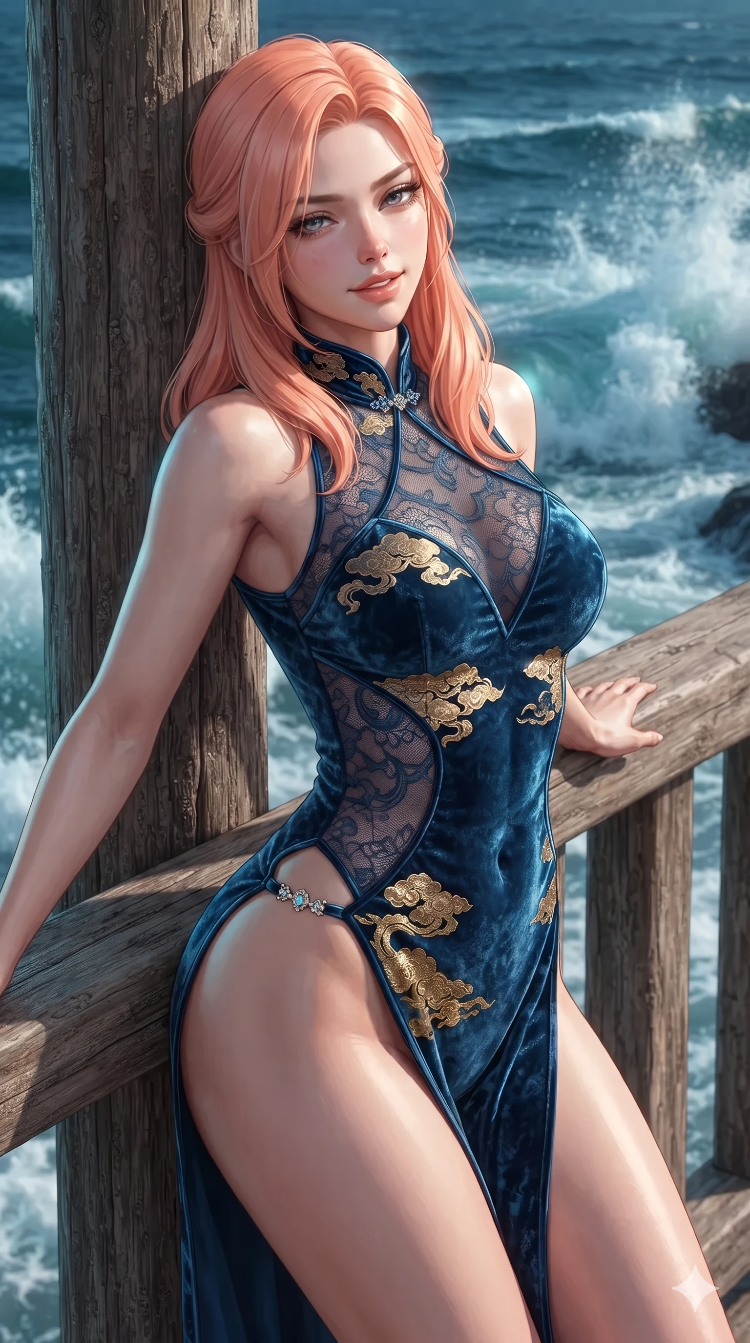 score_9, masterpiece, best quality, ultra-detailed, high-budget anime keyframe, editorial fashion photography, tasteful artistic composition, Japanese woman. close-up cowboy shot from the waist and thighs up, the character dominates the composition, filling the frame with her large presence. leaning back against the balustrade with relaxed seductive grace, head tilted back slightly while casting a hypnotic, heavy-lidded gaze while leaning against the weathered wooden pillar with hips cocked back, looking out into the crashing ocean waves with smoldering bedroom-eyes. The surrounding environment is rendered in vivid detail and crisp panoramic clarity: sharp pine bark textures, wooden pillar grain, and crashing wave crest clarity in deep focus. She has an exceptionally elegant, slender, and willowy female figure with an ultra-slim waist, flat toned midriff, narrow ribcage, and sculpted feminine hips creating an alluring, slim hourglass silhouette without bulk. sharp v-shaped jawline, high-bridge nose, sparkling eyes with hypnotic seductive depth, thick curled eyelashes, glossy parted lips with a natural dewy peach sheen, alluring bedroom-eyes with an enchanting coquettish smile, exuding magnetic siren charisma and sophisticated glamour, flawlessly proportioned anatomical accuracy, strict slender model proportions, natural body alignment, perfectly sculpted long slender limbs, ultra-slim waistline, clean dynamic posture without body distortion. wearing a provocative sheer-illusion nanotech lace bodysuit with traditional cloud embroidery flocking and high-cut leg openings in deep ocean cobalt and shimmering gold leaf, tailored from crushed dark velvet with deep light-absorbing plush texture, finished with an ultra-high side slit secured by miniature jeweled clasps, the form-contouring silhouette accentuating her sculpted flat midriff, narrow delicate ribcage, and gracefully curvy hips with intoxicating allure. illuminated by ocean surf seafoam bounce and sharp cyan-platinum rim lights sculpting her razor-sharp jawline, narrow waist, and curvy hips. ultra-reflective glossy finish, specular highlights, rich textural contrasts, high-contrast stereoscopic depth, volumetric dynamic lighting, 2k, ultra detail, master piece, 9:16 ratio