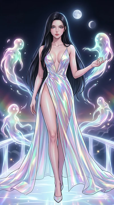score_9, masterpiece, best quality, ultra-detailed, high-budget anime movie keyframe, cinematic anime lighting, intricate line art, Japanese woman. Low angle cowboy shot filling the entire 9:16 frame with her statuesque presence. summoning mystical s
