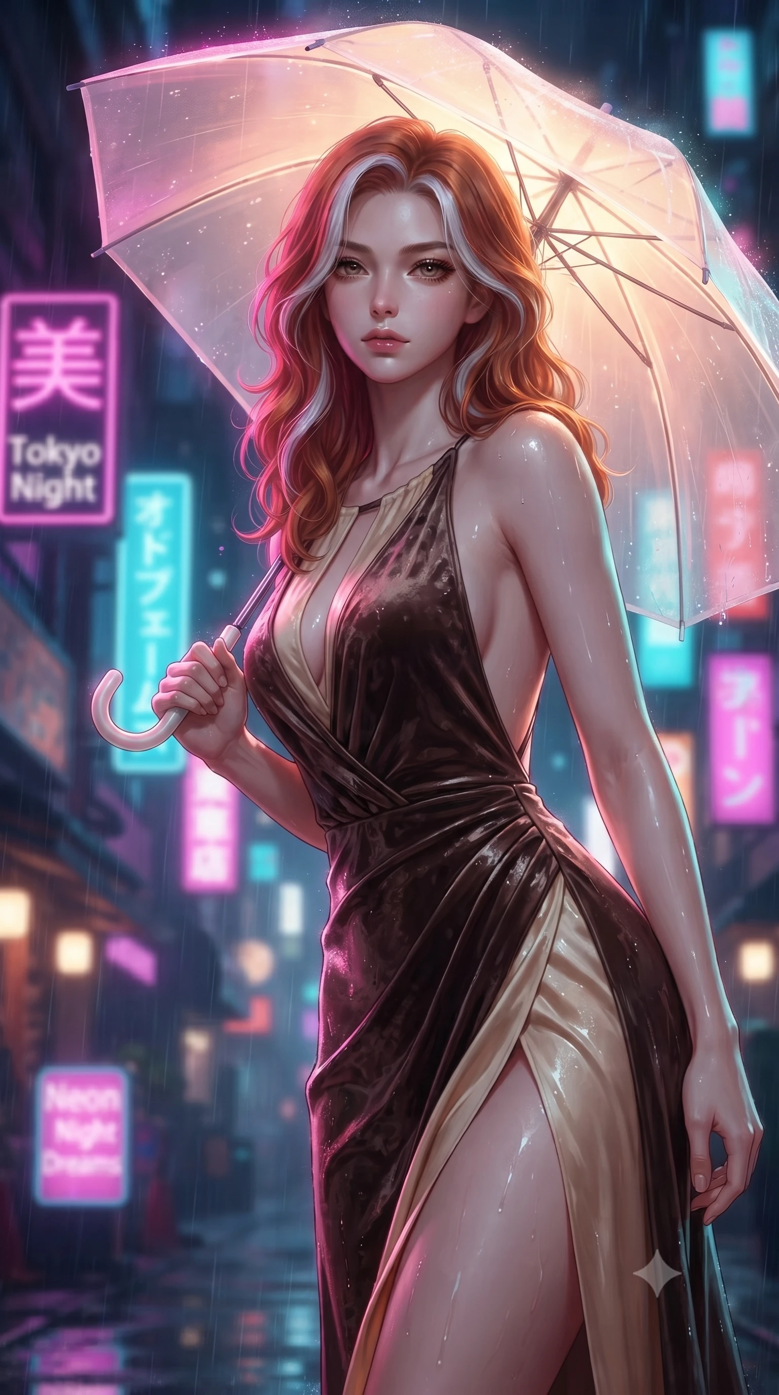 score_9, masterpiece, best quality, ultra-detailed, high-budget anime keyframe, editorial fashion photography, tasteful artistic composition, Caucasian woman. close-up cowboy shot from the waist and thighs up, the character dominates the composition, filling the frame with her large presence, background elements kept in soft focus. Leaning slightly forward with a composed, seductive gaze under soft glowing light holding a glowing translucent umbrella under vibrant neon street signs at night, soft mist scattering vibrant magenta and cyan neon rim light around her form. She has an exceptionally elegant, slender, and willowy female figure with an ultra-slim waist, a gracefully sculpted slender torso, and a refined silhouette. sharp v-shaped jawline, high-bridge nose, intricate jewel-like eyes with depth, thick eyelashes, glossy lips with a natural sheen. wearing a backless crushed velvet gown with a deep V-neckline and high thigh slit in espresso brown and warm cream, crafted from lustrous satin jersey with fluid draping, accented with a Tasteful chest slit framing her clavicle gracefully, the elegant draped fit framing her graceful clavicle and slender torso. drenched in wet neon reflections with brilliant specular highlights on her silhouette. ultra-reflective glossy finish, specular highlights, metallic sheen, high-contrast stereoscopic depth, volumetric dynamic lighting, 2k, ultra detail, master piece, 9:16 ratio