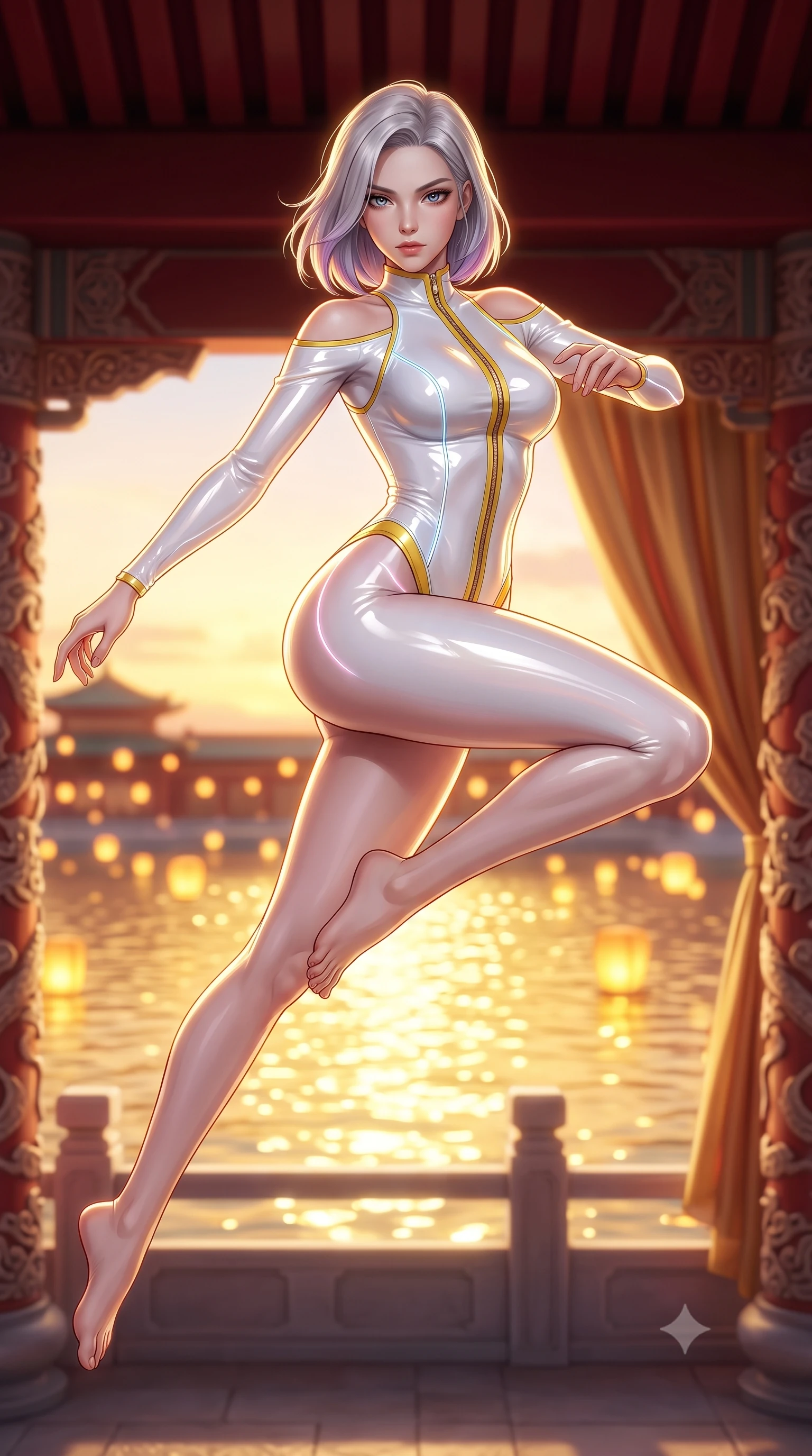 score_9, masterpiece, best quality, ultra-detailed, high-budget anime keyframe, semi-realistic 3D game render, editorial fashion photography, tasteful artistic composition, Caucasian woman. low angle full-body shot from head to toe showing her feet, filling the entire 9:16 vertical frame with her statuesque presence, stretching her vertical silhouette. performing an alluring mid-air vault with flawless poise, looking directly into the camera with smoldering intensity while stepping along an open-air palace colonnade overlooking a glowing lantern-lit imperial lake at golden hour. The composition keeps background elements in soft focus with creamy bokeh. traditional vermilion roof eaves and silk drapes softened by shallow cinematic depth of field. She has an absolutely perfect, statuesque 8.5-heads proportion, an exceptionally tall and slender model-like female figure with impossibly long slender legs, a toned flat midriff, and an ultra-slim waist. sharp v-shaped jawline, high-bridge nose, intricate jewel-like eyes with depth, thick eyelashes, glossy lips with a natural sheen, flawlessly proportioned anatomical accuracy, strict slender model proportions, natural body alignment, perfectly sculpted long slender limbs, ultra-slim waistline, clean dynamic posture without body distortion. wearing a glossy white second-skin latex bodysuit with high-thigh cuts, exposed clavicle neckline, and gleaming zipper details in vibrant sunburst canary yellow and gold trim, formed from high-gloss patent material with specular light reflections, accented with glowing fiber-optic seams tracing her collarbones and hip curves, the liquid-tight tailored fabric emphasizing every curve of her tall, slender model proportions and sculptured silhouette during dynamic movement. illuminated by crisp gold rim highlights sharply defining her ultra-slim waist and long legs. highly saturated vibrant anime colors, detailed shading with soft gradients, rich glossy textures, high-contrast stereoscopic depth, volumetric dynamic lighting, master piece, 9:16 ratio