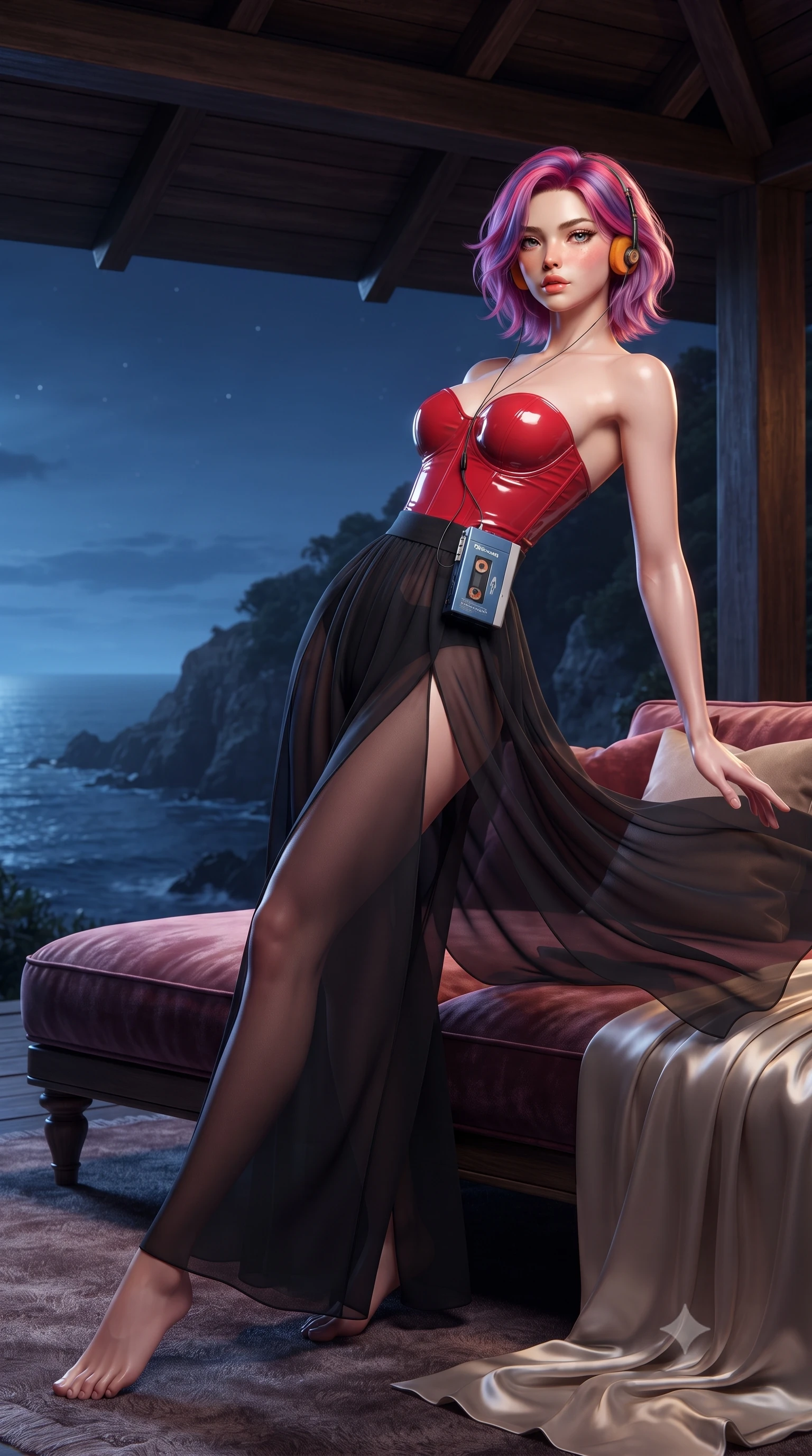 score_9, masterpiece, best quality, ultra-detailed, high-budget anime keyframe, editorial fashion photography, tasteful artistic composition, Caucasian woman. low angle full-body shot from head to toe showing her feet, filling the entire 9:16 vertical frame with her statuesque presence, stretching her vertical silhouette. reclining gracefully across the plush chaise lounge with one leg extended, her sculpted silhouette and flat midriff radiating magnetic nocturnal glamour while standing at the edge of the open-air cliffside pavilion, arching her spine with dramatic siren poise as sea breezes billow her silk skirt. The surrounding environment is rendered in vivid detail and crisp panoramic clarity: detailed silk wrap tailoring, dewy sea air sheen on skin, and cliffside pavilion timber construction in razor-sharp precision. She has an absolutely perfect, statuesque 8.5-heads proportion, an exceptionally tall and slender model-like female figure with impossibly long slender legs, an ultra-slim waist, a flat toned midriff, narrow delicate ribcage, and beautifully sculpted feminine hips creating a graceful, slim hourglass silhouette without any bulky heaviness. sharp v-shaped jawline, high-bridge nose, sparkling eyes with hypnotic seductive depth, thick curled eyelashes, glossy parted lips with a natural dewy peach sheen, alluring bedroom-eyes with an enchanting coquettish smile, exuding magnetic siren charisma and sophisticated glamour, flawlessly proportioned anatomical accuracy, strict slender model proportions, natural body alignment, perfectly sculpted long slender limbs, ultra-slim waistline, clean dynamic posture without body distortion. wearing a strapless wet-look vinyl bustier paired with sheer chiffon high-slit trousers in royal vermilion crimson and pale ivory silk, made of sheer gossamer chiffon that drapes softly against skin with airy translucence, complemented by a retro cassette walkman with vintage foam-padded orange headphones, the high-slit wrap tailoring accentuating her ultra-slim waistline and the enchanting curve of her feminine hips with alluring seductive charm. illuminated by sea reflection fill and sharp platinum rim lights sculpting her delicate clavicles, narrow waist, and curvaceous hips. ultra-reflective glossy finish, specular highlights, rich textural contrasts, high-contrast stereoscopic depth, volumetric dynamic lighting, 2k, ultra detail, master piece, 9:16 ratio