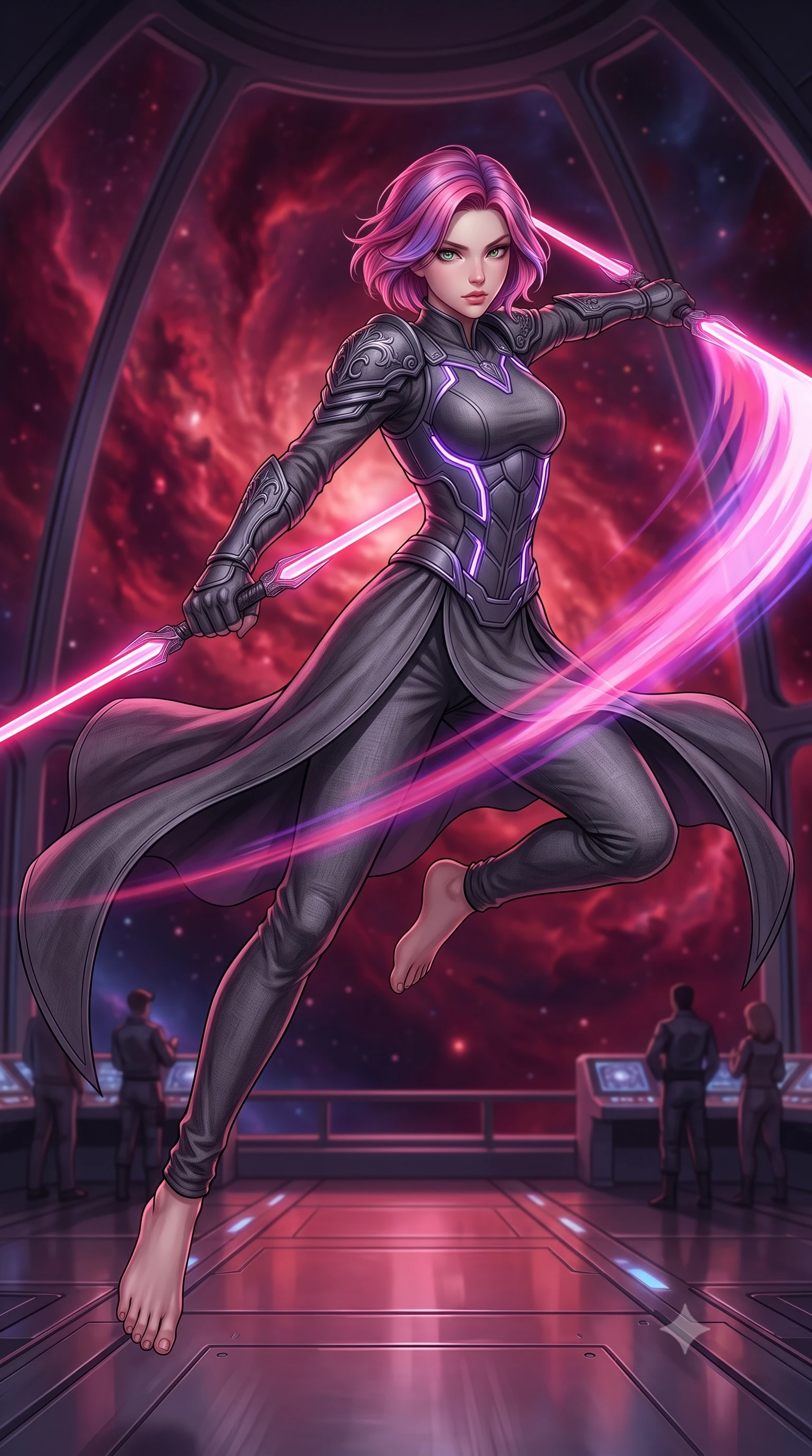 score_9, masterpiece, best quality, ultra-detailed, high-budget anime keyframe, editorial fashion photography, tasteful artistic composition, Caucasian woman. low angle full-body shot from head to toe showing her feet, filling the entire 9:16 vertical frame with her statuesque presence, stretching her vertical silhouette. leaping forward while slashing with a twin-bladed plasma sword in mid-air, her body-contouring suit showing her athletic silhouette, the background shows a soft-focus a space cruiser dome balcony looking at a massive crimson cosmic nebula. She has an absolutely perfect, statuesque 8.5-heads proportion, an exceptionally tall and slender model-like female figure with impossibly long slender legs and an ultra-slim waist. sharp v-shaped jawline, high-bridge nose, intricate jewel-like eyes with depth, thick eyelashes, glossy lips with a natural sheen. wearing a slim-fit neo-gothic space defender robe in dark grey linen, featuring structured shoulder pauldrons and matching combat gloves. deep crimson and violet nebula gas light painting the room in a cosmic wash. highly saturated vibrant anime colors, detailed shading with soft gradients, rich glossy textures, high-contrast stereoscopic depth, volumetric dynamic lighting, master piece, 9:16 ratio