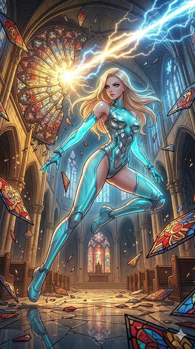 score_9, masterpiece, best quality, ultra-detailed, high-budget anime movie keyframe, cinematic anime lighting, intricate line art, Korean anime girl. Low angle cowboy shot filling the entire 9:16 frame with her statuesque presence. leaping gracefull