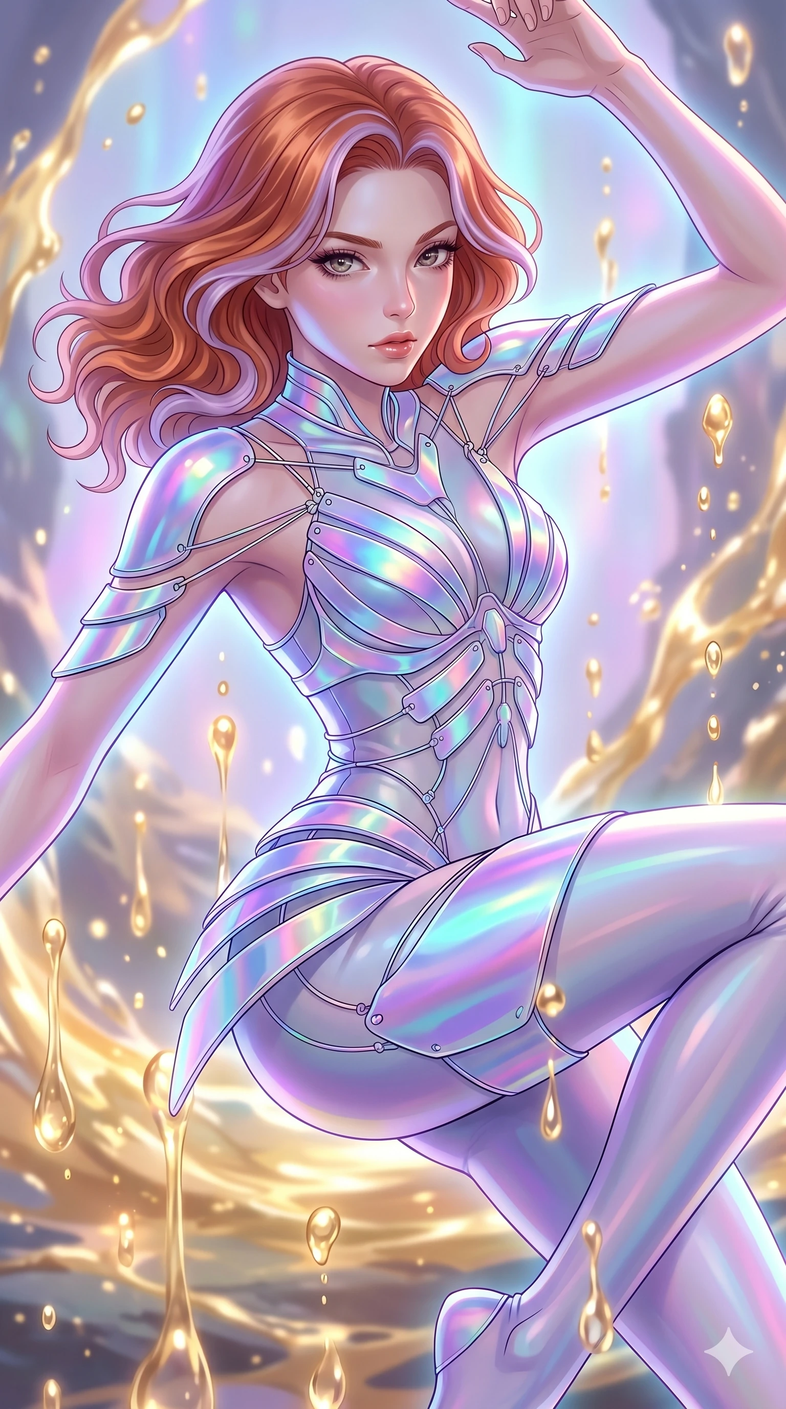 score_9, masterpiece, best quality, ultra-detailed, high-budget anime keyframe, Caucasian woman, strictly human ears. upper body close-up from the thighs up, character filling the screen for maximum presence. dodging ethereal liquid gold rain that rises upward from the ground in warm shimmering droplets under an inverted gravity field. She has an absolutely perfect 8-heads proportion, an exceptionally tall and slender female figure with impossibly long slender legs and an ultra-slim waist. V-shaped jawline, high-bridge nose, intricate jewel-like eyes with depth, thick eyelashes, glossy lips with a natural sheen.. wearing a holographic ribbon shell armor, featuring thin iridescent plates linked by wire straps over a sleek contouring base. enhanced by a luminous pastel spectrum glow, casting elegant rim lights on her shoulders and jawline. 2k, ultra detail, master piece, 9:16 ratio