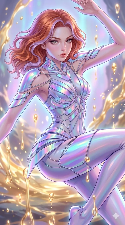 score_9, masterpiece, best quality, ultra-detailed, high-budget anime keyframe, Caucasian woman, strictly human ears. upper body close-up from the thighs up, character filling the screen for maximum presence. dodging ethereal liquid gold rain that ri