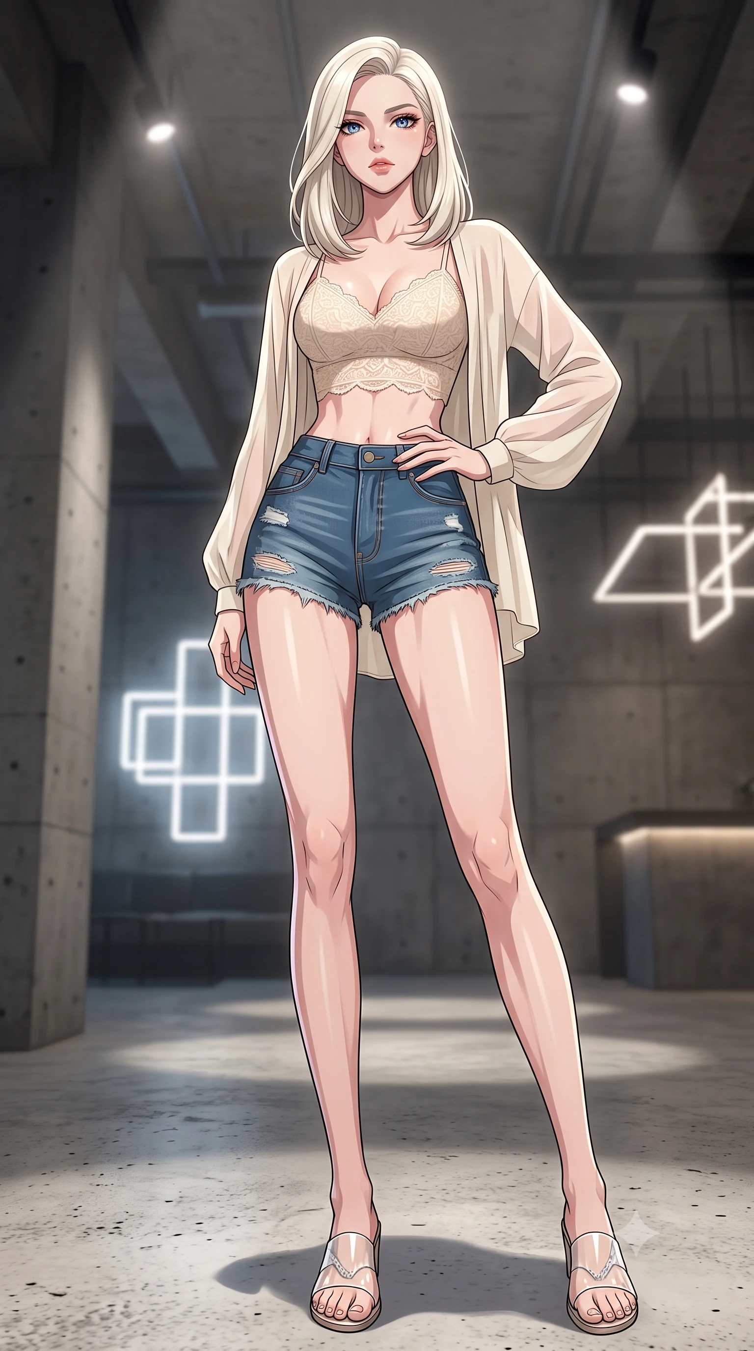 score_9, masterpiece, best quality, ultra-detailed, high-budget anime keyframe, tasteful artistic composition, Caucasian woman. low angle full-body shot from head to toe showing her feet, filling the entire 9:16 vertical frame with her statuesque presence, stretching her vertical silhouette. posing confidently with one hand on her hip, stretching her statuesque body to emphasize her curves the background shows a soft-focus an underground vault lounge with concrete walls and modern geometric light installations. She has an absolutely perfect, statuesque 8.5-heads proportion, an exceptionally tall and slender model-like female figure with impossibly long slender legs and an ultra-slim waist. sharp v-shaped jawline, high-bridge nose, intricate jewel-like eyes with depth, thick eyelashes, glossy lips with a natural sheen. wearing a body-hugging delicate lace crop top in cream, worn under a semi-opaque chiffon cardigan and denim shorts. focused white spotlights casting clean, structured shadows across her pose. highly saturated vibrant anime colors, cel-shading, 2d style, master piece, 9:16 ratio