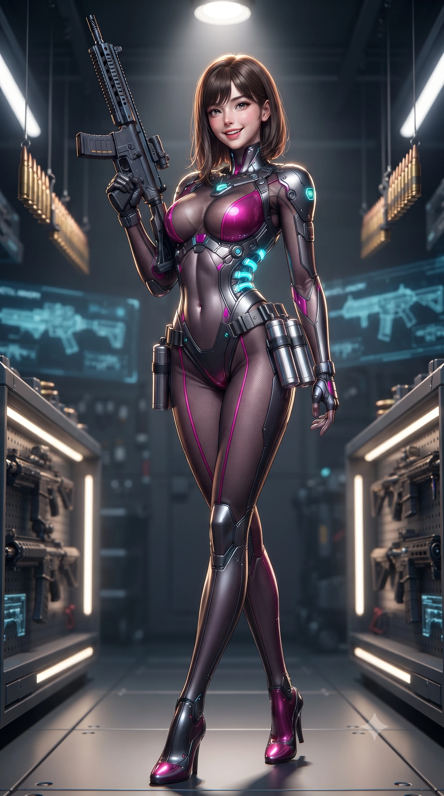 score_9, masterpiece, best quality, ultra-detailed, high-budget anime keyframe, editorial fashion photography, tasteful artistic composition, Korean woman. low angle full-body shot from head to toe showing her feet, filling the entire 9:16 vertical frame with her statuesque presence, stretching her vertical silhouette. sitting perched on the elevated maintenance gantry edge with legs crossed and hips angled toward the camera, displaying her toned midriff and long slender limbs with joyful, coquettish charm while standing poised between rows of glowing magnetic weapon racks, arching her back with dangerous seductive poise while inspecting an energy rifle. The background shows a soft-focus suspended ammunition loading arms and holographic weapon schematics softened in tactical armory shallow focus. She has an absolutely perfect, statuesque 8.5-heads proportion, an exceptionally tall and slender model-like female figure with impossibly long slender legs, an ultra-slim waist, a flat toned midriff, narrow delicate ribcage, and beautifully sculpted feminine hips creating a graceful, slim hourglass silhouette without any bulky heaviness. sharp v-shaped jawline, high-bridge nose, intricate jewel-like sparkling eyes with depth, thick eyelashes, glossy parted lips with a natural sheen, bright confident smile with an enchanting and coquettish sensual glint, exuding both youthful magnetic charm and sovereign high-tech allure, flawlessly proportioned anatomical accuracy, strict slender model proportions, natural body alignment, perfectly sculpted long slender limbs, ultra-slim waistline, clean dynamic posture without body distortion. wearing a form-contouring exo-suit chassis with glowing cyan hydraulic spine braces worn over an ultra-slim bodysuit in deep titanium gunmetal and radiant magenta neon, crafted from sheer technical cyber-lace reinforced with ultra-thin Kevlar threads, accented with a sleek utility belt with polished magnetic canisters resting loosely on her curvy hips, the liquid-tight tailored fabric clinging flawlessly to her narrow waist and rounded feminine hips, emphasizing every millimeter of her sculpted slim hourglass curves without any bulky heaviness. illuminated by focused overhead spotlighting and sharp amber rim lights defining her slim torso, narrow waist, and curvy hips. ultra-reflective glossy finish, specular highlights, rich textural contrasts, high-contrast stereoscopic depth, volumetric dynamic lighting, 2k, ultra detail, master piece, 9:16 ratio