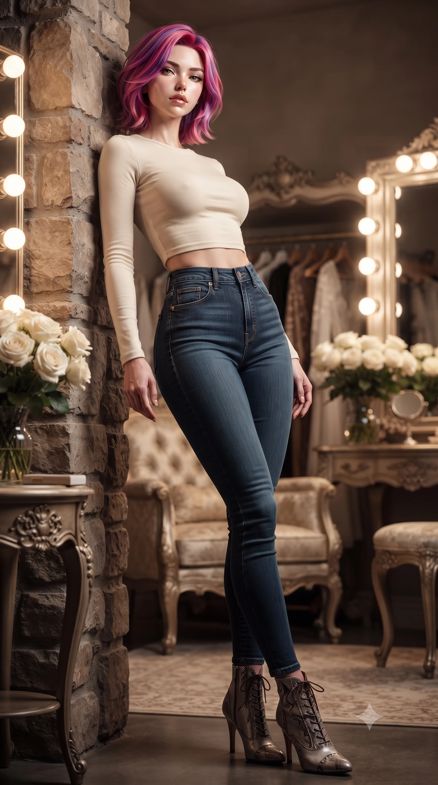 score_9, masterpiece, best quality, ultra-detailed, high-budget anime keyframe, editorial fashion photography, tasteful artistic composition, Caucasian woman. low angle full-body shot from head to toe showing her feet, filling the entire 9:16 vertical frame with her statuesque presence, stretching her vertical silhouette. leaning back against a rustic stone wall, casting a slow, alluring gaze at the camera the background shows a soft-focus the private dressing room of a lead soprano with bouquets of white roses. She has an absolutely perfect, statuesque 8.5-heads proportion, an exceptionally tall and slender model-like female figure with impossibly long slender legs and an ultra-slim waist. sharp v-shaped jawline, high-bridge nose, intricate jewel-like eyes with depth, thick eyelashes, glossy lips with a natural sheen. wearing a tailored body-hugging long-sleeve crop top in cream cotton paired with high-waisted skinny jeans. soft vanity lighting reflecting off the mirrors to create a glowing frame. ultra-reflective glossy finish, specular highlights, metallic sheen, high-contrast stereoscopic depth, volumetric dynamic lighting, 2k, ultra detail, master piece, 9:16 ratio