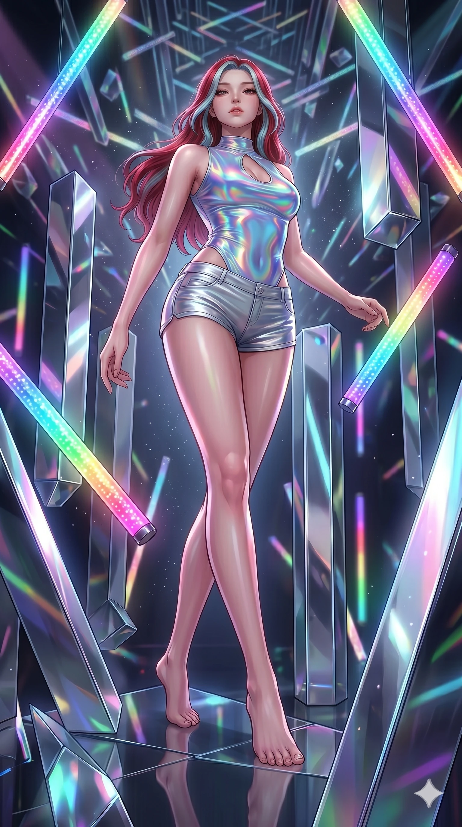 score_9, masterpiece, best quality, ultra-detailed, high-budget anime keyframe, Korean woman. low angle full-body shot filling the entire 9:16 frame with her statuesque presence, stretching the vertical silhouette. navigating a kinetic light-sculpture mirror maze, passing between floating chromium mirror pillars and rotating LED sticks. She has an absolutely perfect 8-heads proportion, an exceptionally tall and slender female figure with impossibly long slender legs and an ultra-slim waist. V-shaped jawline, high-bridge nose, intricate jewel-like eyes with depth, thick eyelashes, glossy lips with a natural sheen.. wearing a holographic liquid silk vest and silver metallic micro-shorts, featuring a keyhole cutout and form-fitting silhouette. illuminated by dramatic chiaroscuro casting soft shadows along her curves, with vibrant backlighting highlighting the dust particles. 2k, ultra detail, master piece, 9:16 ratio