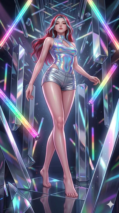 score_9, masterpiece, best quality, ultra-detailed, high-budget anime keyframe, Korean woman. low angle full-body shot filling the entire 9:16 frame with her statuesque presence, stretching the vertical silhouette. navigating a kinetic light-sculptur