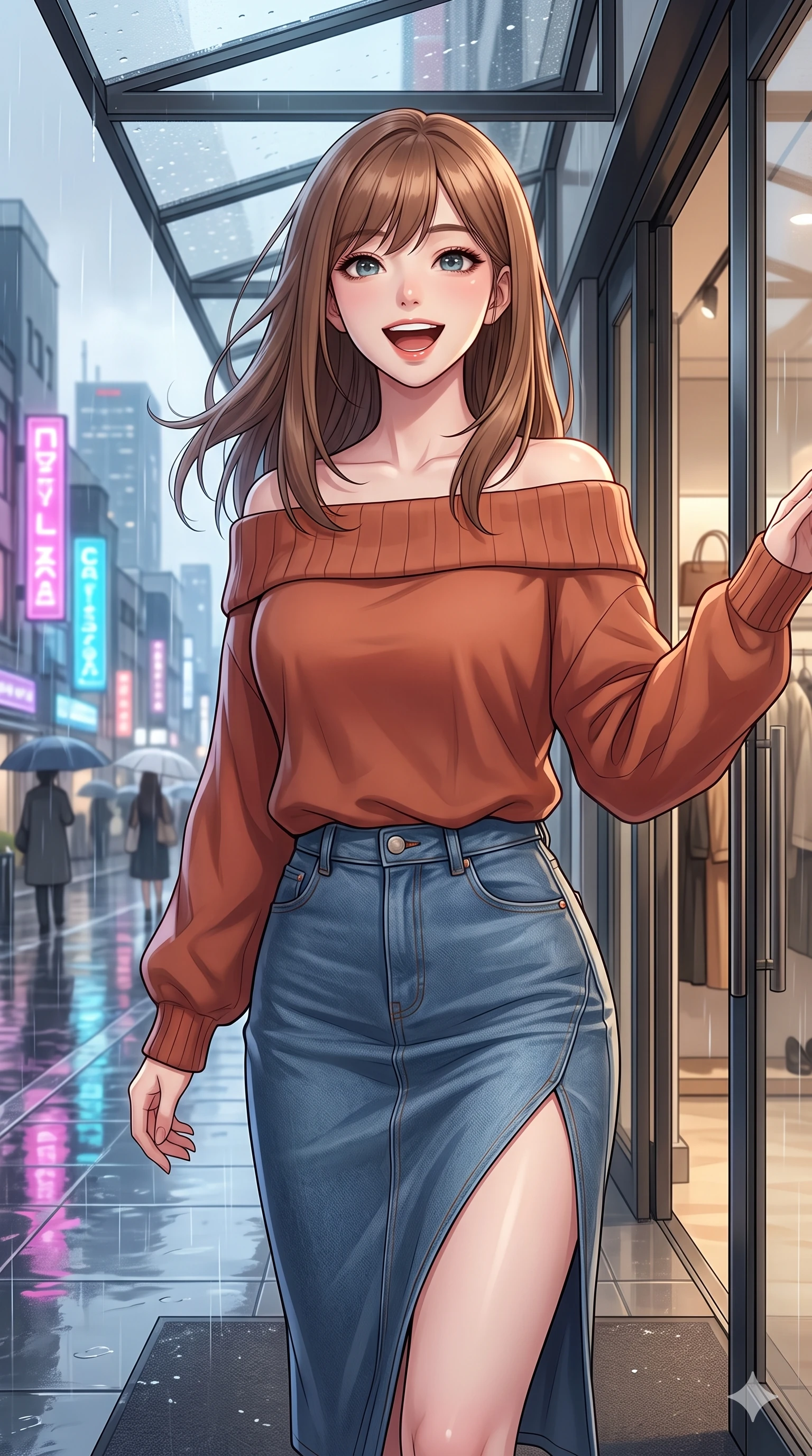 score_9, masterpiece, best quality, ultra-detailed, high-budget anime keyframe, vibrant anime aesthetic, Korean woman. close-up cowboy shot from the waist and thighs up, the character dominates the composition, filling the frame with her large presence, background elements kept in soft focus. She is posing with a bright, energetic grin, her eyes glowing with energy, with her eyes bright and full of life with a soft breath of wind in her hair. by the entrance of a high-fashion boutique with a glass awning, overlooking rain-slicked city streets reflecting neon signs (Code-P22-072). She has an absolutely perfect proportion, an exceptionally elegant and slender female figure with an ultra-slim waist. V-shaped jawline, high-bridge nose, intricate jewel-like eyes with depth, thick eyelashes, glossy lips with a natural sheen. wearing an off-shoulder oversized sweater paired with a refined side vent denim skirt in warm terracotta. She is drenched in soft, diffused light of a rainy afternoon, creating clean outlines, accentuating her slender silhouette along the cobblestone alley. 2k, ultra detail, master piece, 9:16 ratio