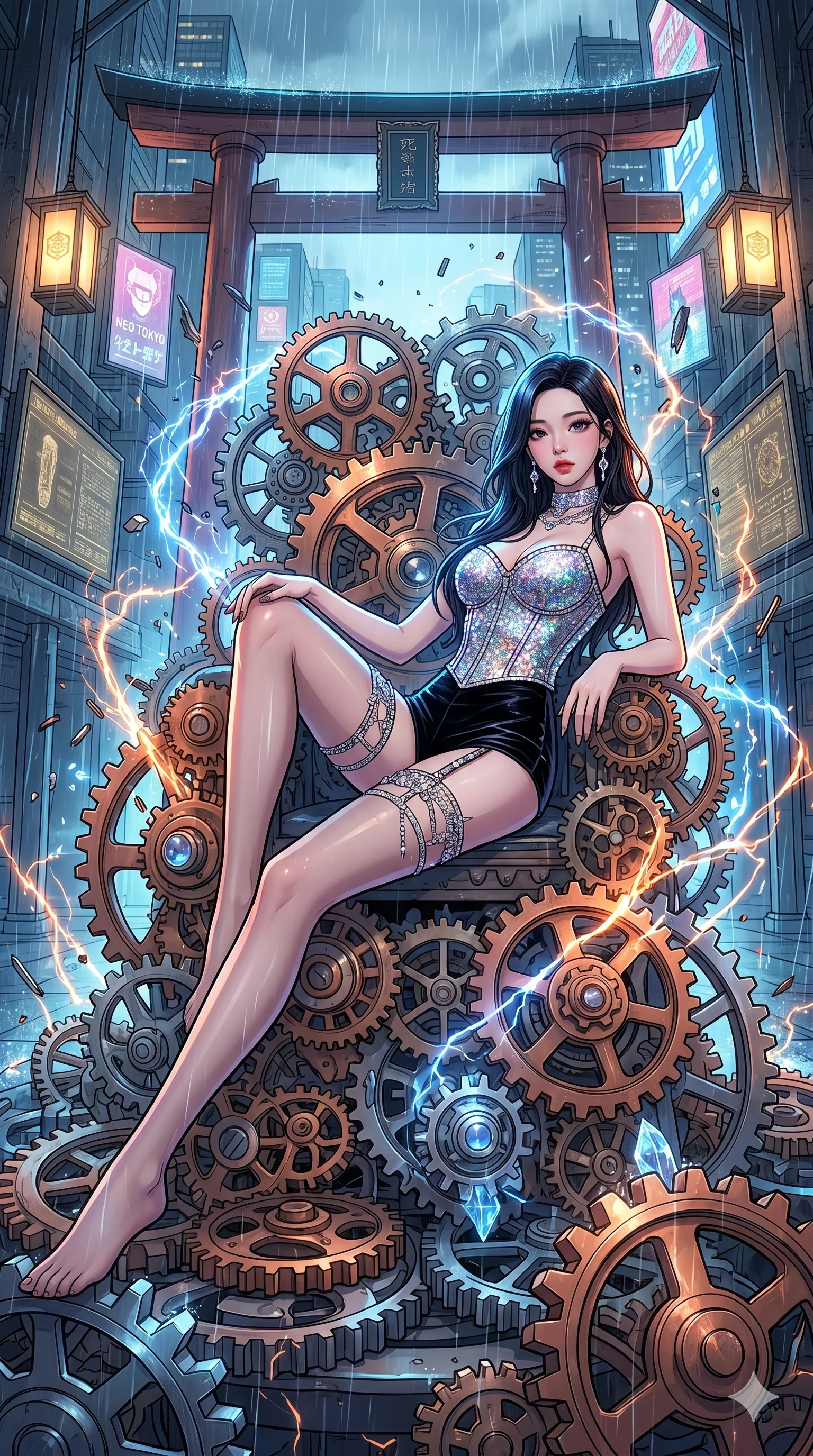 score_9, masterpiece, best quality, ultra-detailed, high-budget anime movie keyframe, cinematic anime lighting, intricate line art, Japanese woman. Dynamic full-body shot stretching the vertical silhouette across the 9:16 frame. resting on a throne of gears in a cyber-temple in Neo-Tokyo in a storm of sparks. She has an absolutely perfect 8-heads proportion, an exceptionally tall and slender female figure with an ultra-slim waist and impossibly long slender legs. sharp v-shaped jawline, high-bridge nose, intricate jewel-like eyes, thick eyelashes, glossy lips. Wearing luxurious K-pop idol stage outfit featuring a sparkling sequined corset, high-cut velvet shorts, and sheer silk stockings with garter belts, accessorized with crystal chokers. The scene is illuminated by dramatic atmospheric lighting and vibrant color palettes. , 2k, ultra detail, master piece, 9:16 ratio