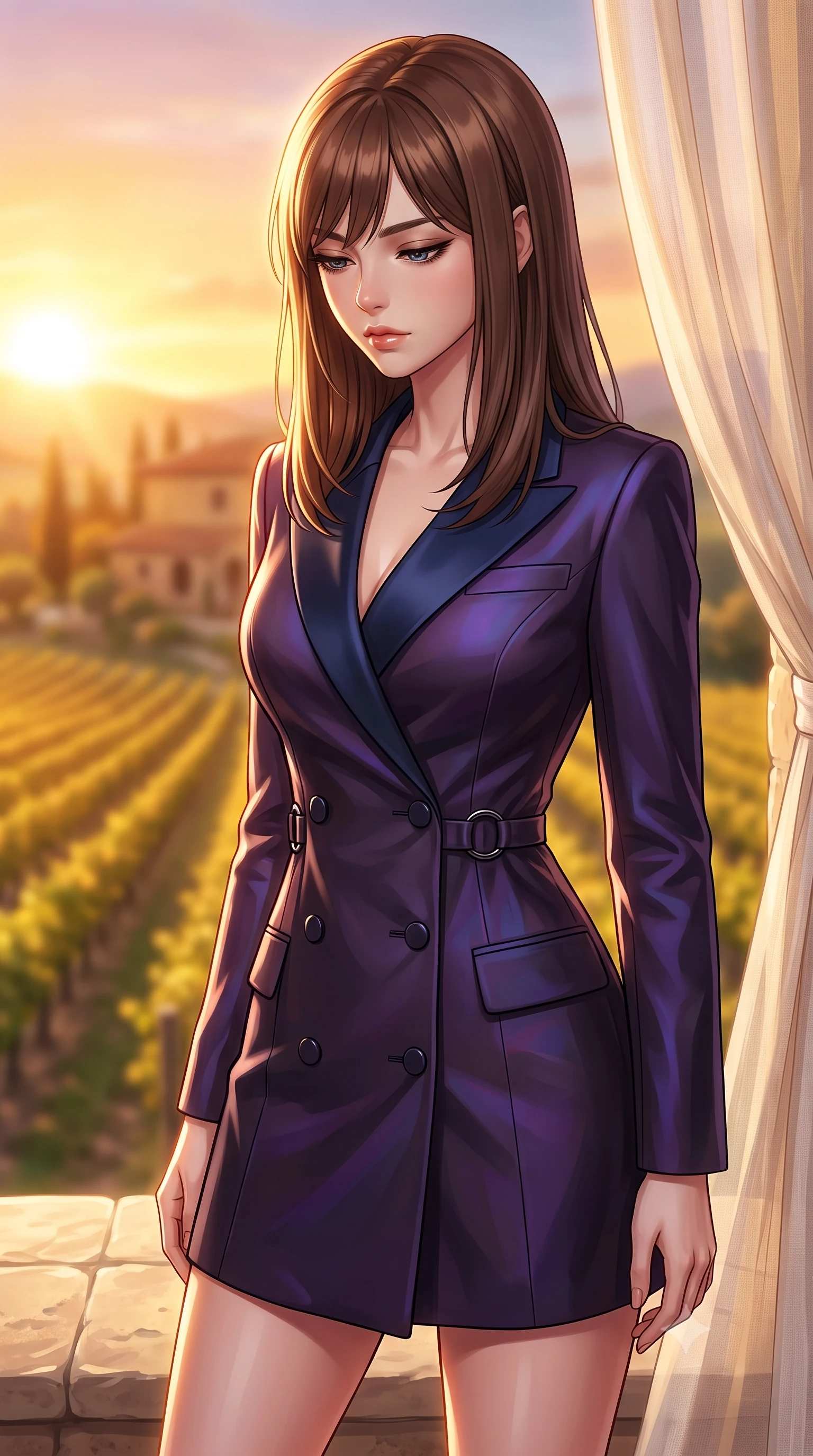 score_9, masterpiece, best quality, ultra-detailed, high-budget anime keyframe, editorial fashion photography, tasteful artistic composition, Korean woman. close-up cowboy shot from the waist and thighs up, the character dominates the composition, filling the frame with her large presence, background elements kept in soft focus. Looking down with lowered lashes and a composed, powerful dark aura, standing on a limestone terrace of a Tuscan villa overlooking golden vineyards at sunset, sheer linen curtains fluttering gently in the warm country breeze. She has an exceptionally elegant, slender, and willowy female figure with an ultra-slim waist, a gracefully sculpted slender torso, and a refined silhouette. sharp v-shaped jawline, high-bridge nose, intricate jewel-like eyes with depth, thick eyelashes, glossy lips with a natural sheen. wearing tailored double-breasted obsidian blazer dress with silk lapels in midnight navy blue, made of iridescent dark violet taffeta, trimmed with dark chrome ring hardware along the waist contours, following her slender form with tailored precision. surrounded by a radiant sunset ambiance with bright golden rim lights. highly saturated vibrant anime colors, detailed shading with soft gradients, rich glossy textures, high-contrast stereoscopic depth, volumetric dynamic lighting, master piece, 9:16 ratio