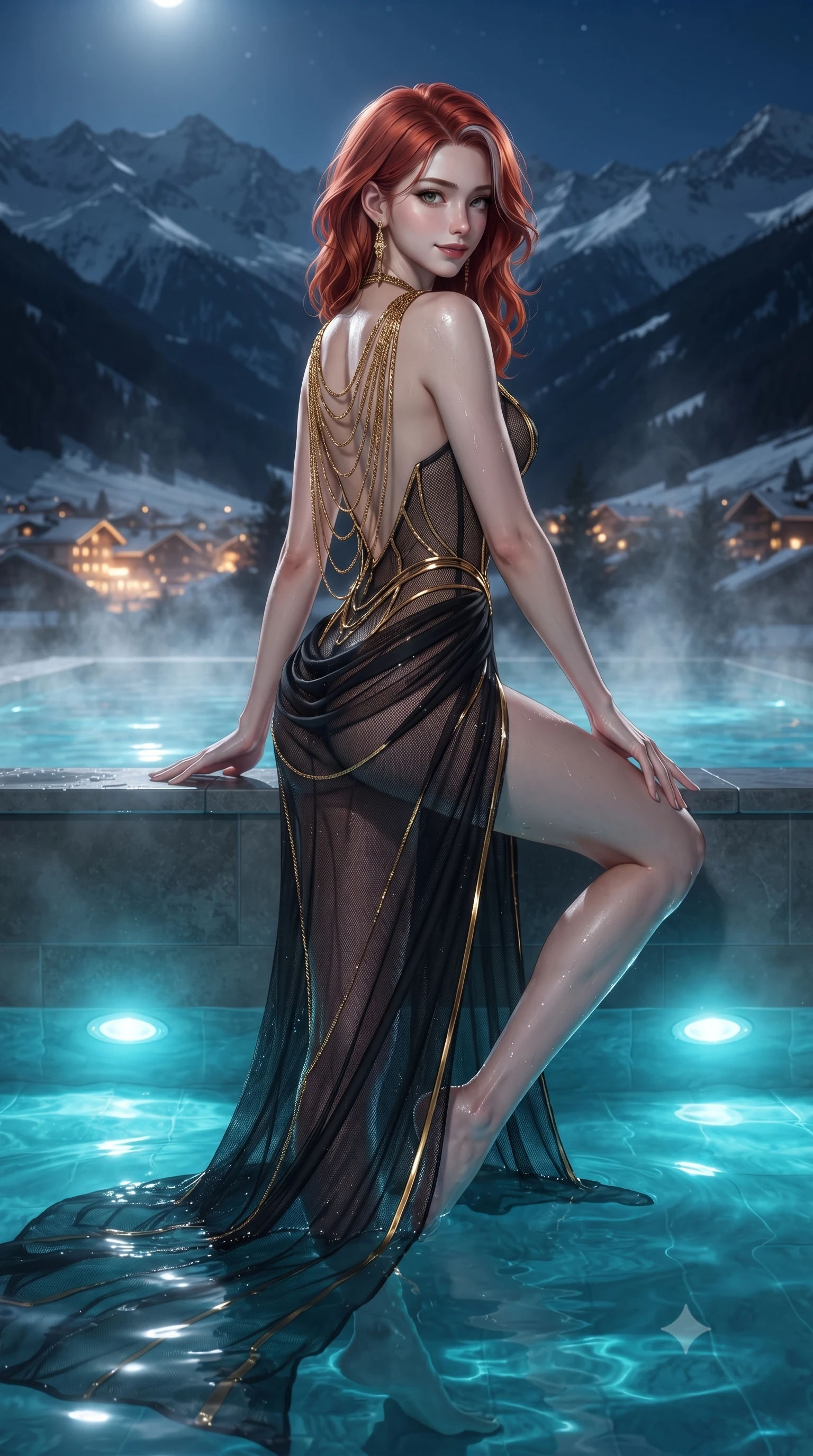 score_9, masterpiece, best quality, ultra-detailed, high-budget anime keyframe, editorial fashion photography, tasteful artistic composition, Caucasian woman. low angle full-body shot from head to toe showing her feet, filling the entire 9:16 vertical frame with her statuesque presence, stretching her vertical silhouette. walking along the terrace with poise, looking back over her bare shoulder with an irresistible smoldering bedroom-gaze while lounging in the steaming water propped on the pool rim with legs extended, displaying her long slender limbs and statuesque hourglass silhouette against the Alps. The surrounding environment is rendered in vivid detail and crisp panoramic clarity: detailed sculpted underwire corset in semi-sheer snow-white lace, draped chiffon tulip skirt, and alpine engineering in razor-sharp precision. She has an exceptionally tall and slender model-like 8.5-heads proportion, an ultra-slim waist, a flat toned midriff, narrow delicate ribcage, and beautifully sculpted feminine hips creating a graceful, slim hourglass silhouette without any bulky heaviness, with impossibly long slender legs. sharp v-shaped jawline, high-bridge nose, intricate jewel-like sparkling eyes with depth, thick eyelashes, glossy parted lips with a natural peach sheen, bright cheerful beaming smile with an enchanting and coquettish sensual glint, exuding both youthful cute charm and seductive allure, flawlessly proportioned anatomical accuracy, strict slender model proportions, natural body alignment, perfectly sculpted long slender limbs, ultra-slim waistline, clean dynamic posture without body distortion. wearing a provocative sheer illusion mesh gown with liquid gold ribbons contouring her flat midriff and curvaceous hips in Cheongdam modern noir black and molten gold, made of fluid liquid jersey with seamless sculpting hold and smooth contours, accented with an open-back drape framed by falling strands of delicate gold chains, the high-slit wrap tailoring accentuating her ultra-slim waistline and the enchanting curve of her feminine hips with alluring seductive charm. bathed in underwater cyan pool LEDs contrasted with cool silver alpine moonlight and warm resort village lights. ultra-reflective glossy finish, specular highlights, rich textural contrasts, high-contrast stereoscopic depth, volumetric dynamic lighting, 2k, ultra detail, master piece, 9:16 ratio