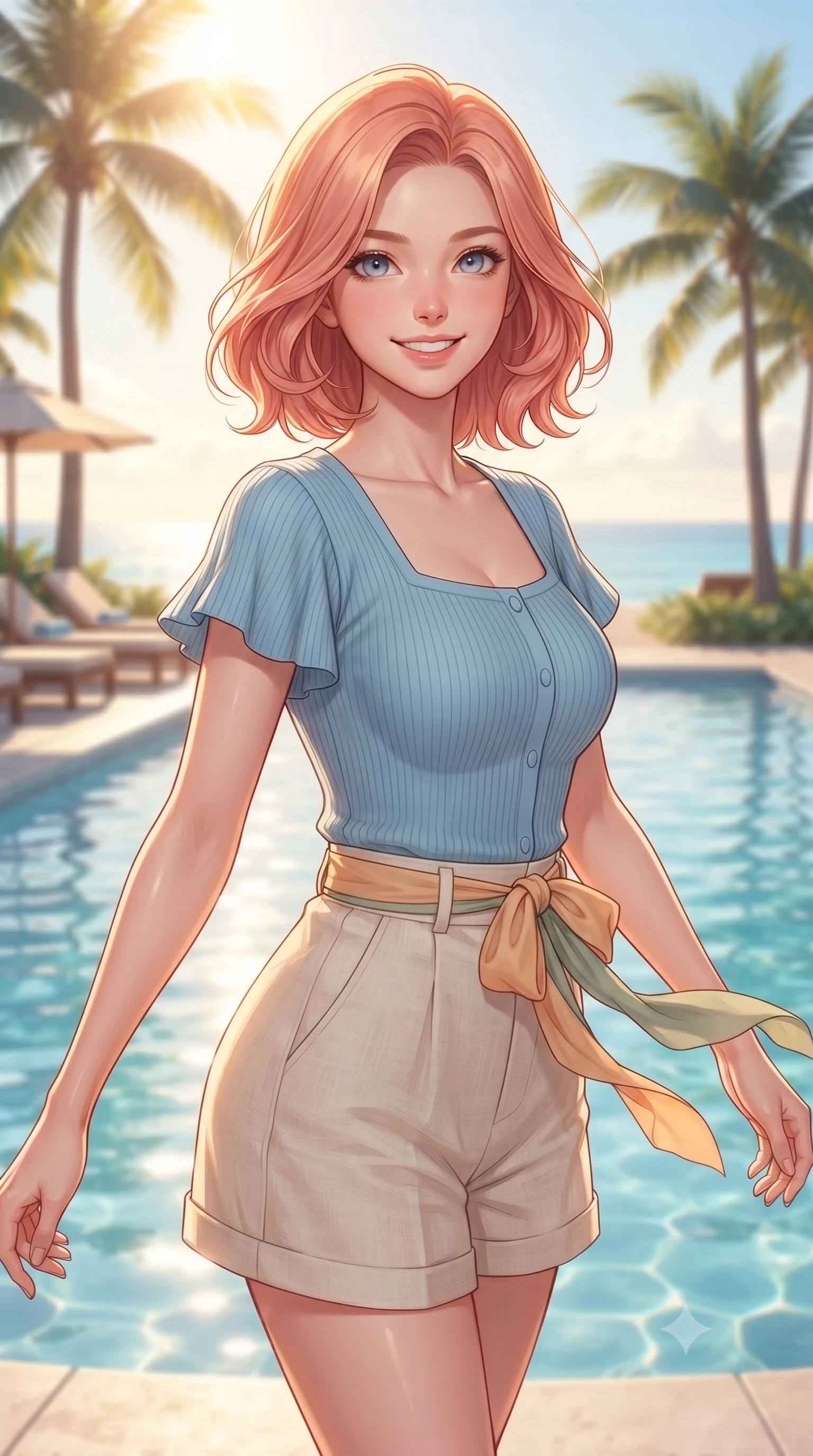 score_9, masterpiece, best quality, ultra-detailed, high-budget anime keyframe, editorial fashion photography, tasteful artistic composition, Japanese woman. close-up cowboy shot from the waist and thighs up, the character dominates the composition, filling the frame with her large presence. Youthful bright smile exuding pure cute charm and fresh energy, her torso turning dynamically into the lens while walking gracefully along a crystal-clear resort pool deck lined with palm trees and sun loungers. The composition keeps background elements in soft focus with dreamy bokeh. sun-drenched pool reflections and ocean views blurred into a soft, relaxing backdrop. She has an exceptionally elegant, slender, and willowy female figure with an ultra-slim waist, a gracefully sculpted slender torso, and a refined silhouette. sharp v-shaped jawline, high-bridge nose, intricate jewel-like eyes with depth, thick eyelashes, glossy lips with a natural sheen, flawlessly proportioned anatomical accuracy, natural body alignment, perfectly sculpted elegant limbs, clean dynamic posture without body distortion. wearing a sky-blue ribbed short-sleeve cardigan with high-waist linen shorts and a dainty waist sash in warm apricot and sage green, made of fine lightweight chiffon that flutters gently in the breeze, featuring elegant flutter sleeves and a graceful square neckline, the breezy lightweight fabric fluttering softly against her delicate frame. illuminated by warm golden afternoon sunbursts casting crisp highlights. ultra-reflective glossy finish, specular highlights, metallic sheen, high-contrast stereoscopic depth, volumetric dynamic lighting, 2k, ultra detail, master piece, 9:16 ratio