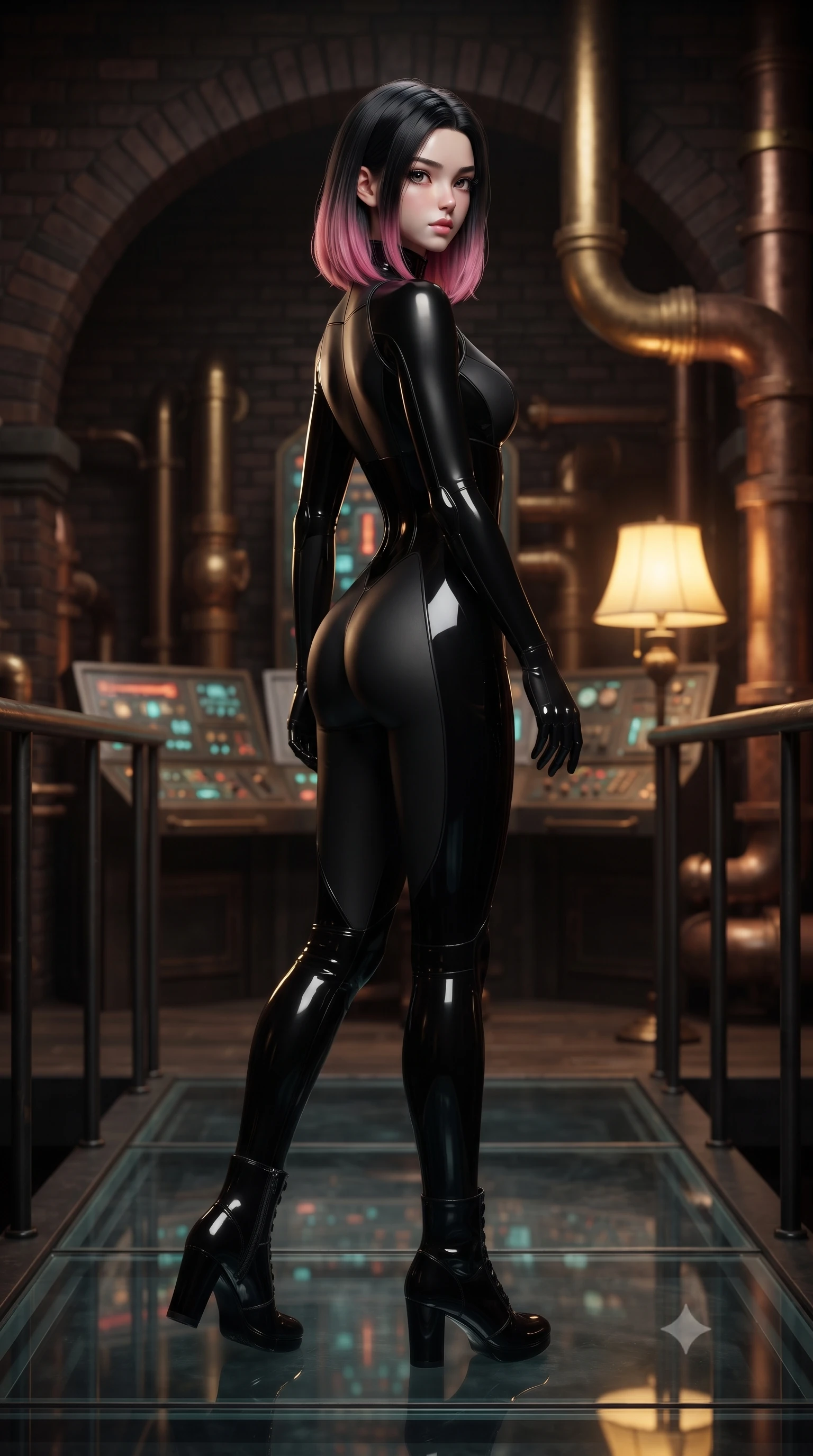 score_9, masterpiece, best quality, ultra-detailed, high-budget anime keyframe, editorial fashion photography, tasteful artistic composition, Korean woman. low angle full-body shot from head to toe showing her feet, filling the entire 9:16 vertical frame with her statuesque presence, stretching her vertical silhouette. walking slowly along a glass skybridge, looking back over her shoulder with an air of effortless grace, the background shows a soft-focus a boiler room cockpit with dark brick arches and heavy copper piping. She has an absolutely perfect, statuesque 8.5-heads proportion, an exceptionally tall and slender model-like female figure with impossibly long slender legs and an ultra-slim waist. sharp v-shaped jawline, high-bridge nose, intricate jewel-like eyes with depth, thick eyelashes, glossy lips with a natural sheen. wearing a form-contouring form-fitting cybernetic combat suit in matte black latex, tracing her willowy silhouette with a high neck. warm yellow table lamp casting cozy shadows on her refined, slender silhouette. ultra-reflective glossy finish, specular highlights, metallic sheen, high-contrast stereoscopic depth, volumetric dynamic lighting, 2k, ultra detail, master piece, 9:16 ratio
