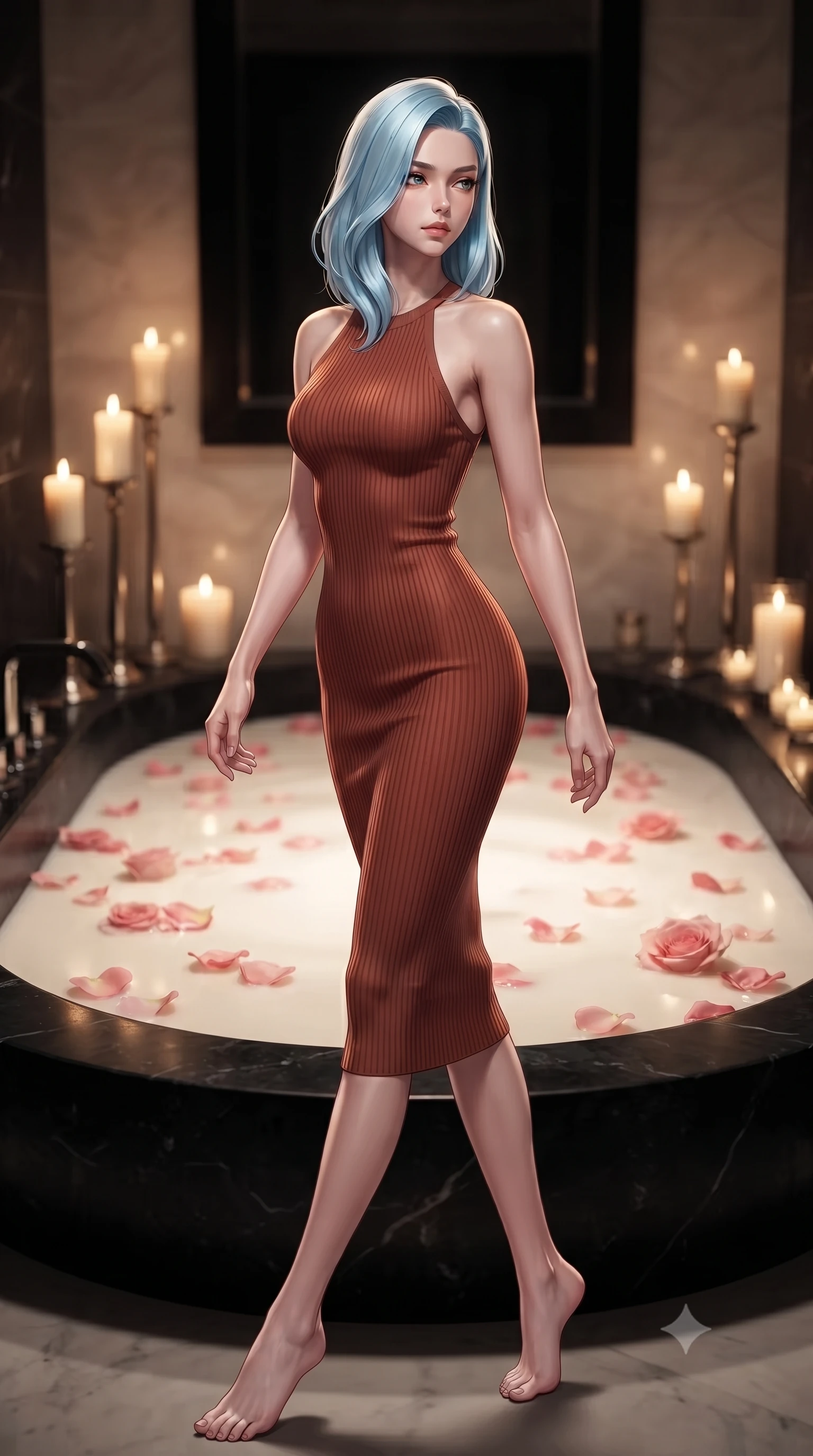score_9, masterpiece, best quality, ultra-detailed, high-budget anime keyframe, editorial fashion photography, tasteful artistic composition, Korean woman woman. low angle full-body shot from head to toe showing her feet, filling the entire 9:16 vertical frame with her statuesque presence, stretching her vertical silhouette. stepping gracefully while looking back over her shoulder, her dress draped tightly to reveal her silhouette the background shows a soft-focus a private bathroom with a large black stone bathtub filled with milk and rose petals. She has an absolutely perfect, statuesque 8.5-heads proportion, an exceptionally tall and slender model-like female figure with impossibly long slender legs and an ultra-slim waist. sharp v-shaped jawline, high-bridge nose, intricate jewel-like eyes with depth, thick eyelashes, glossy lips with a natural sheen. wearing a slim-fit form-contouring sleeveless ribbed knit halter midi dress in deep terracotta, tracing her willowy silhouette. soft candle stands casting a warm golden glow onto the water surface. ultra-reflective glossy finish, specular highlights, metallic sheen, high-contrast stereoscopic depth, volumetric dynamic lighting, 2k, ultra detail, master piece, 9:16 ratio
