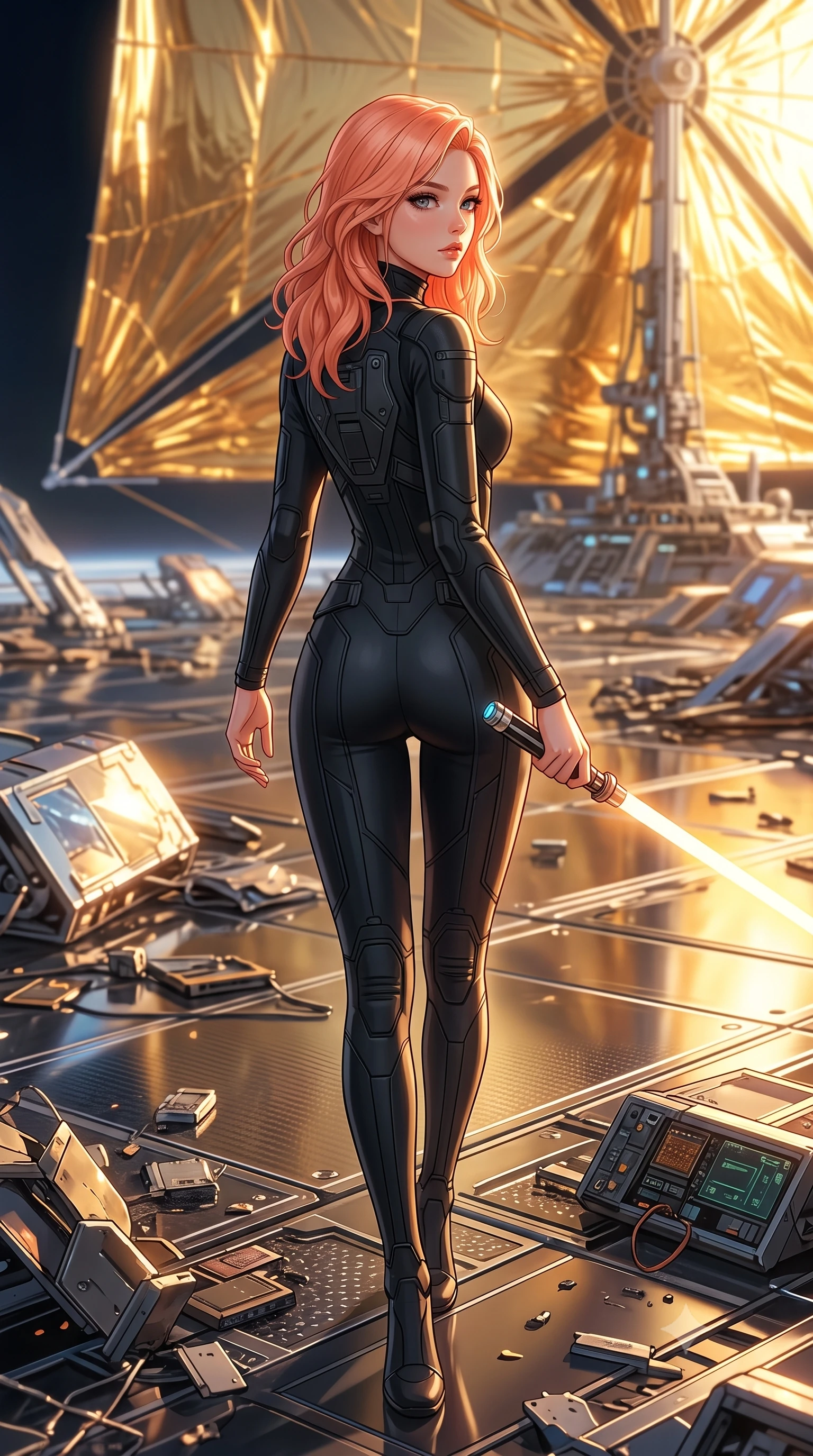 score_9, masterpiece, best quality, ultra-detailed, high-budget anime keyframe, editorial fashion photography, tasteful artistic composition, Japanese woman. low angle full-body shot from head to toe showing her feet, filling the entire 9:16 vertical frame with her statuesque presence, stretching her vertical silhouette. stepping gracefully through battlefield debris with a glowing saber hilt in hand, looking back over her shoulder, the background shows a soft-focus the reflective carbon-foil deck of a massive orbital solar-sail ship. She has an absolutely perfect, statuesque 8.5-heads proportion, an exceptionally tall and slender model-like female figure with impossibly long slender legs and an ultra-slim waist. sharp v-shaped jawline, high-bridge nose, intricate jewel-like eyes with depth, thick eyelashes, glossy lips with a natural sheen. wearing a slim-fit body-hugging high-neck flight deck jumpsuit in matte black, contouring her athletic, slender build. intense solar glare reflecting off gold foil, casting harsh, metallic side-key light. highly saturated vibrant anime colors, detailed shading with soft gradients, rich glossy textures, high-contrast stereoscopic depth, volumetric dynamic lighting, master piece, 9:16 ratio