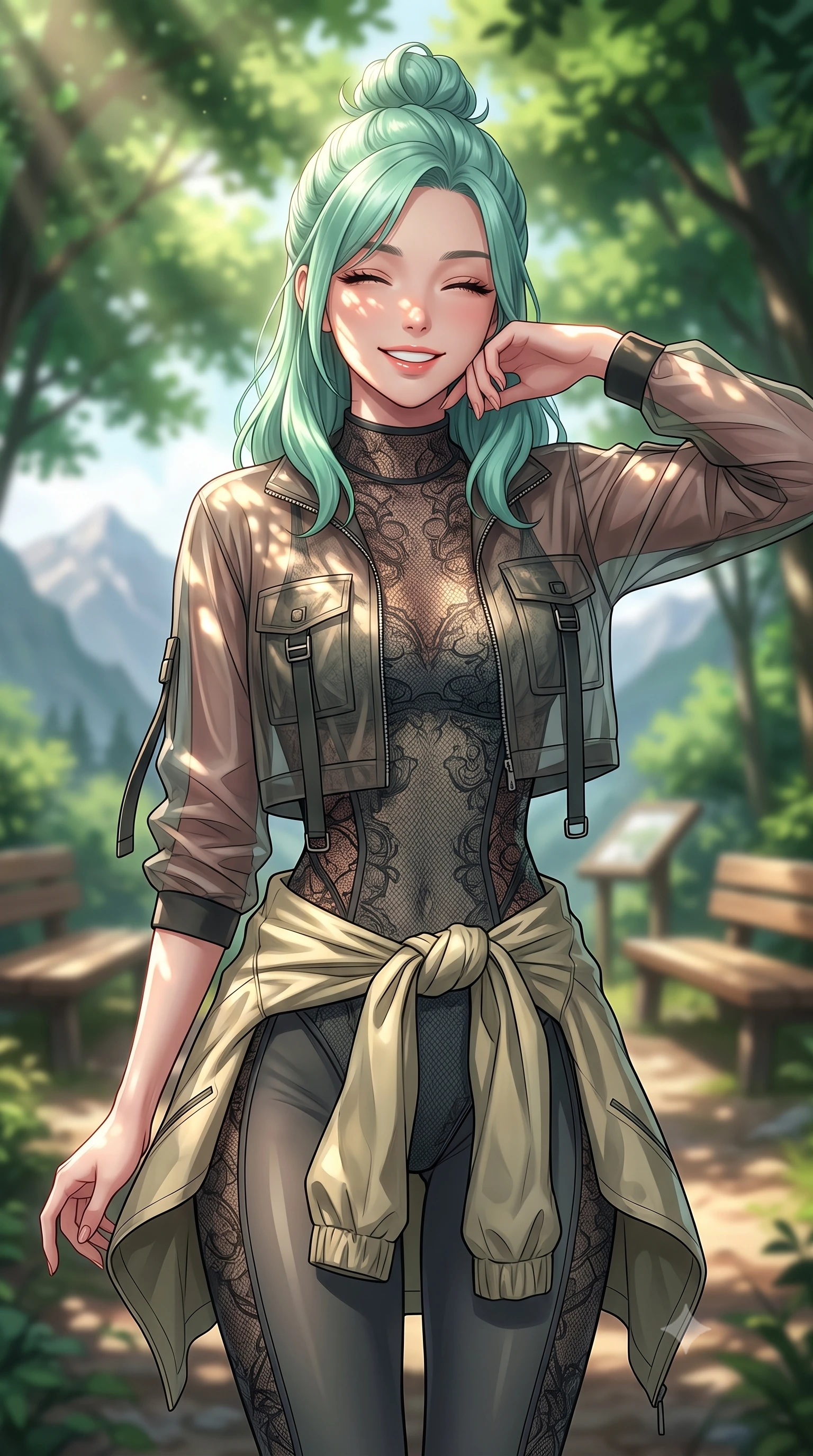score_9, masterpiece, best quality, ultra-detailed, high-budget anime keyframe, editorial fashion photography, tasteful artistic composition, Japanese woman. close-up cowboy shot from the waist and thighs up, the character dominates the composition, filling the frame with her large presence, background elements kept in soft focus. smiling happily with closed eyes, enjoying the warm sunbeams on her face set against a soft-focus background of at a rest area along a scenic valley hiking trail with wooden benches carrying a light windbreaker jacket tied around her waist. She has an exceptionally elegant, slender, and willowy female figure with an ultra-slim waist, a gracefully sculpted slender torso, and a refined silhouette. sharp v-shaped jawline, high-bridge nose, intricate jewel-like eyes with depth, thick eyelashes, glossy lips with a natural sheen. wearing slim-fit sleek bodysuit featuring fine dark lace pattern details and a sheer utility jacket. dappled sunbeams filtering through the dense green forest canopy. highly saturated vibrant anime colors, detailed shading with soft gradients, rich glossy textures, high-contrast stereoscopic depth, volumetric dynamic lighting, master piece, 9:16 ratio