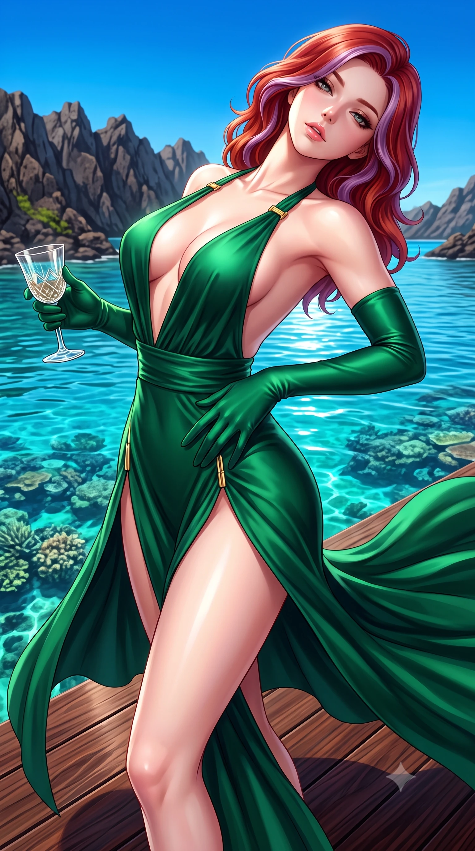 score_9, masterpiece, best quality, ultra-detailed, high-budget anime keyframe, semi-realistic 3D game render, editorial fashion photography, tasteful artistic composition, Caucasian woman. close-up cowboy shot from the waist and thighs up, the character dominates the composition, filling the frame with her large presence. arching her spine backward with effortless dancer poise, one hand sliding along her hip line as directional light carves specular highlights along her silhouette while standing poised on the villa's private diving pier, turning in an alluring dancer S-curve as tropical trade winds flutter her garments. The surrounding environment is rendered in vivid detail and crisp panoramic clarity. sharp polished ironwood deck grain, clear coral reef formations visible through glass-clear water, and volcanic rock ridges in deep focus. She has an exceptionally elegant, slender, and willowy female figure with an ultra-slim waist, flat toned midriff, narrow ribcage, and sculpted feminine hips creating an alluring, slim hourglass silhouette without bulk. sharp v-shaped jawline, high-bridge nose, intricate jewel-like eyes with depth, thick eyelashes, glossy parted lips with a natural sheen, intensely captivating and seductive bedroom-eyes expression, flawlessly proportioned anatomical accuracy, strict slender model proportions, natural body alignment, perfectly sculpted long slender limbs, ultra-slim waistline, clean dynamic posture without body distortion. wearing a plunging-V neckline duchess satin gown with high side slits ascending to the high hip in deep emerald green satin and gold hardware, woven from layered gossamer chiffon with a weightless sweeping drape, accessorized with opera-length satin gloves and a vintage crystal glass, the glove-like aerodynamic silhouette tightly following the natural contour of her hips and long slender legs with statuesque 8.5-heads elegance. illuminated by intense specular sea reflections sharply carving her razor-sharp jawline, narrow waist, and curvy hips. highly saturated vibrant anime colors, detailed shading with soft gradients, rich glossy textures, high-contrast stereoscopic depth, volumetric dynamic lighting, master piece, 9:16 ratio