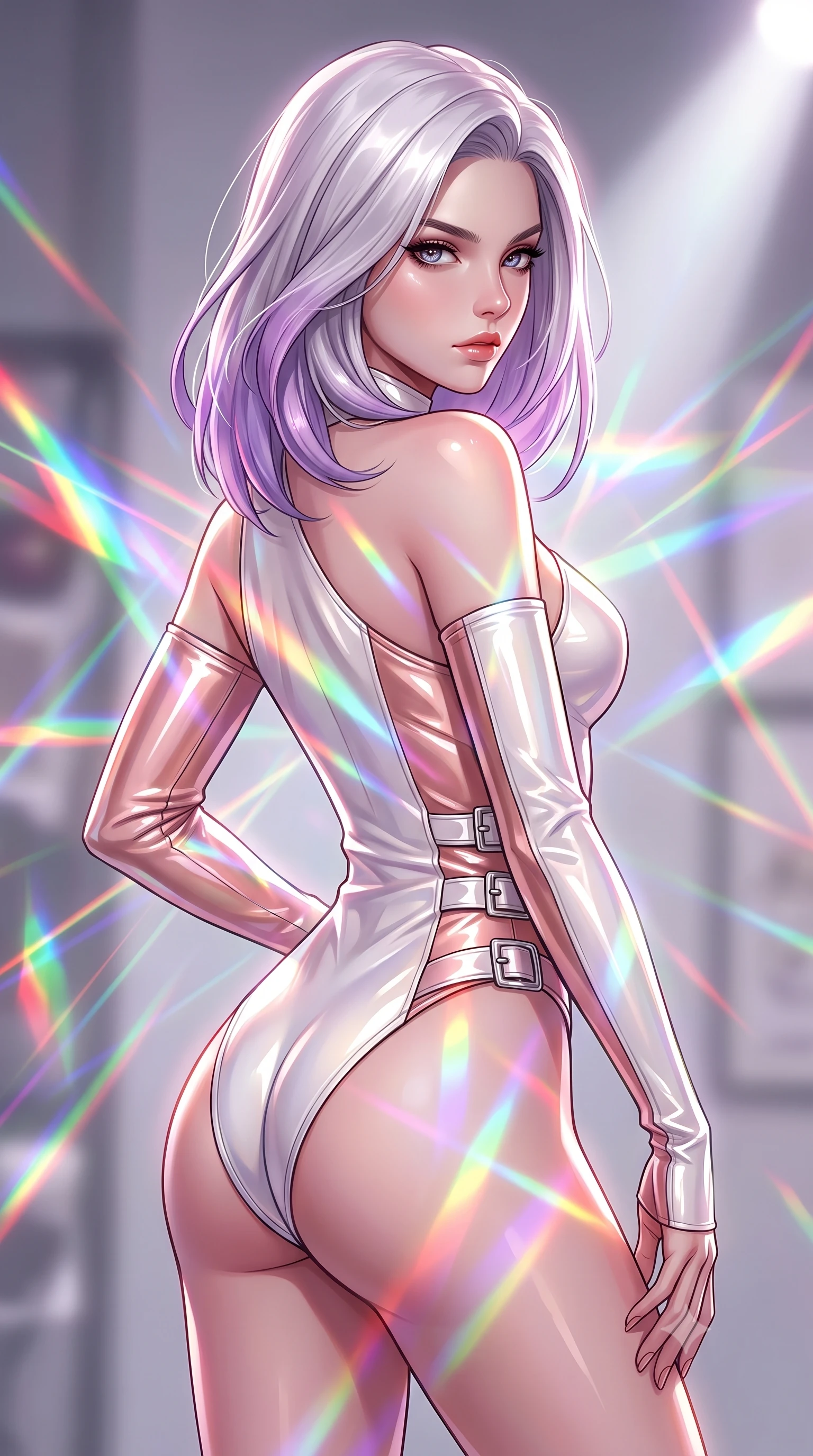 score_9, masterpiece, best quality, ultra-detailed, high-budget anime keyframe, editorial fashion photography, tasteful artistic composition, Caucasian woman. close-up cowboy shot from the waist and thighs up, the character dominates the composition, filling the frame with her large presence, background elements kept in soft focus. Pivoting sharply while looking back over her shoulder with heavy lashes and a confident, intense gaze while pivoting gracefully mid-air as multi-color light refraction trails follow her movement, a kaleidoscope of refractions forming geometric laser patterns across her form. She has an exceptionally elegant, slender, and willowy female figure with an ultra-slim waist, a gracefully sculpted slender torso, and a refined silhouette. sharp v-shaped jawline, high-bridge nose, intricate jewel-like eyes with depth, thick eyelashes, glossy lips with a natural sheen, flawlessly proportioned anatomical accuracy, natural body alignment, perfectly sculpted elegant limbs, clean dynamic posture without body distortion. wearing an asymmetrical high-cut tech-bodysuit with detached sleeves in pearl white and rose gold, tailored from high-gloss patent leather, detailed with polished silver buckles along the waistline, the elegant draped fit framing her graceful clavicle and slender torso. illuminated by high-contrast studio spotlights with ultra-bright specular highlights. highly saturated vibrant anime colors, detailed shading with soft gradients, rich glossy textures, high-contrast stereoscopic depth, volumetric dynamic lighting, master piece, 9:16 ratio