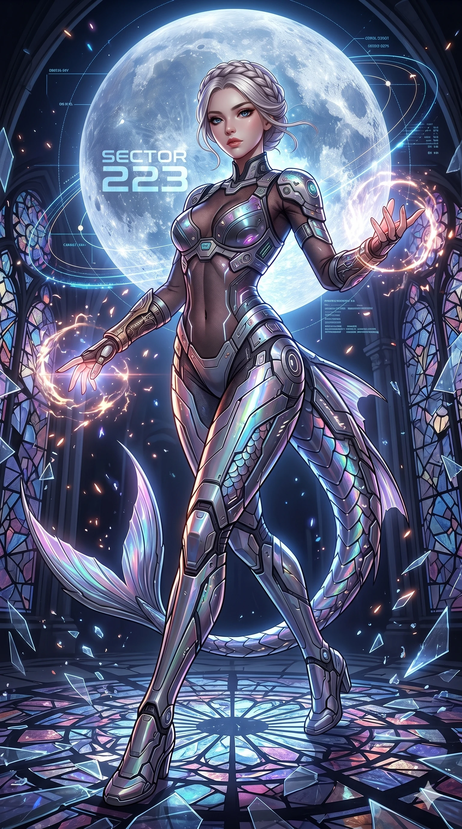 score_9, masterpiece, best quality, ultra-detailed, Set A: High-budget Anime Keyframe, Japanese woman. Low angle cowboy shot filling the entire 9:16 frame with her statuesque presence. Casting a spell through a shattered glass cathedral, with a massive holographic moon rising behind her marked as sector 223 and surrounded by glowing energy sparks. She has an absolutely perfect 8-heads proportion, an exceptionally tall and slender female figure with impossibly long slender legs and an ultra-slim waist. Sharp v-shaped jawline, high-bridge nose, intricate jewel-like eyes with depth, thick eyelashes, glossy lips with a natural sheen. Wearing Cybernetic mermaid tail-suit with iridescent scales and a sheer mesh top. Cinematic lighting, vibrant colors, dramatic shadows, 2k, ultra detail, master piece, 9:16 ratio