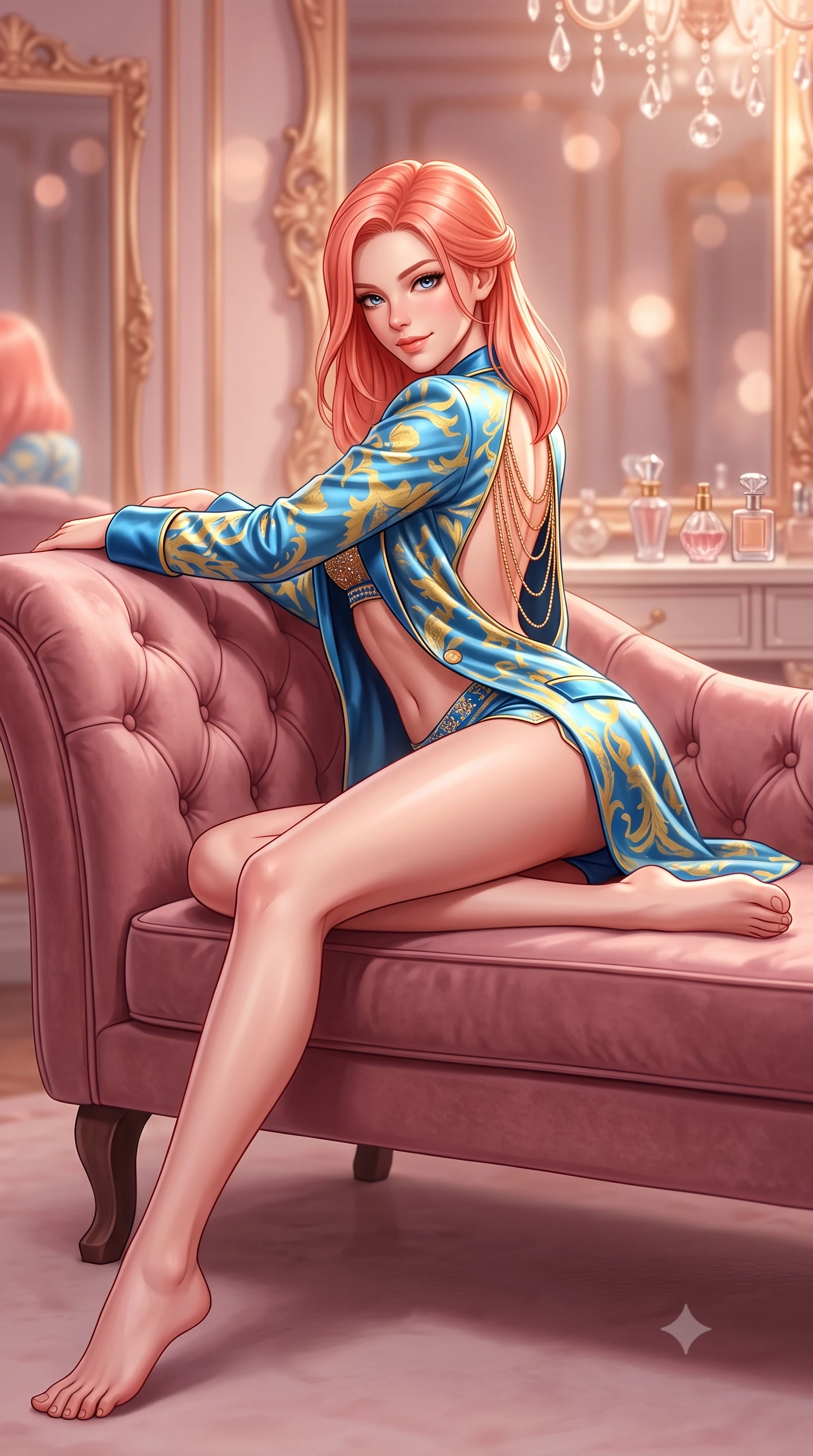 score_9, masterpiece, best quality, ultra-detailed, high-budget anime keyframe, semi-realistic 3D game render, editorial fashion photography, tasteful artistic composition, Japanese woman. low angle full-body shot from head to toe showing her feet, filling the entire 9:16 vertical frame with her statuesque presence, stretching her vertical silhouette. reclining gracefully across the plush chaise lounge with one leg extended, her sculpted silhouette and flat midriff radiating magnetic nocturnal glamour while leaning back against the tufted dusty-rose velvet chaise with hips cocked back, looking directly into the camera with an irresistible bedroom-gaze. The background shows a soft-focus infinite mirror reflections of gilded rococo frames, perfume crystal bottles on vanity table, and chandelier drops blurred into rose-gold, blush, and champagne bokeh. She has an absolutely perfect, statuesque 8.5-heads proportion, an exceptionally tall and slender model-like female figure with impossibly long slender legs, an ultra-slim waist, a flat toned midriff, narrow delicate ribcage, and beautifully sculpted feminine hips creating a graceful, slim hourglass silhouette without any bulky heaviness. sharp v-shaped jawline, high-bridge nose, sparkling eyes with hypnotic seductive depth, thick curled eyelashes, glossy parted lips with a natural dewy peach sheen, alluring bedroom-eyes with an enchanting coquettish smile, exuding magnetic siren charisma and sophisticated glamour, flawlessly proportioned anatomical accuracy, strict slender model proportions, natural body alignment, perfectly sculpted long slender limbs, ultra-slim waistline, clean dynamic posture without body distortion. wearing a tailored open-front satin smoking jacket worn over a jewel-embellished bandeau and micro-shorts in Amalfi azure blue and sunlit lemon gold, tailored from ultra-plush velvet with rich tactile depth and deep shadow gradients, accented with an open-back drape framed by falling strands of delicate gold chains, the precision-cut side openings and low-back scoop framing her graceful spine and the sensual sweep of her slim, toned hips. bathed in intimate warm 2700K vanity sconce lighting combined with overhead chandelier sparkle creating multi-angle highlights. highly saturated vibrant anime colors, detailed shading with soft gradients, rich glossy textures, high-contrast stereoscopic depth, volumetric dynamic lighting, master piece, 9:16 ratio