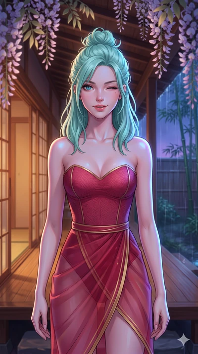 score_9, masterpiece, best quality, ultra-detailed, high-budget anime keyframe, vibrant anime aesthetic, Japanese woman. close-up cowboy shot from the waist and thighs up, the character dominates the composition, filling the frame with her large pres