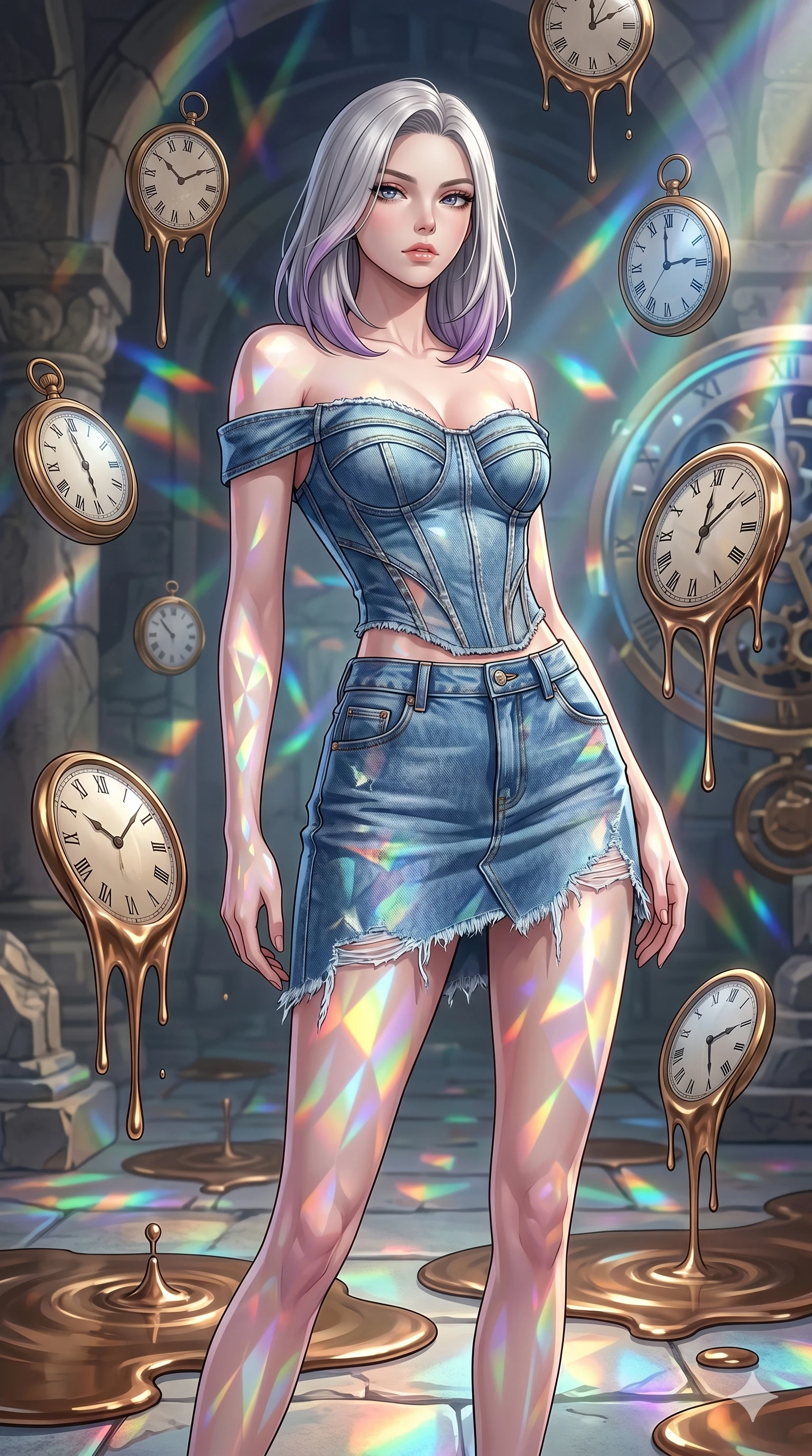 score_9, masterpiece, best quality, ultra-detailed, high-budget anime keyframe, editorial fashion photography, tasteful artistic composition, Caucasian woman, strictly human ears. cowboy shot from the thighs up, character and outfit filling the frame for maximum editorial presence. Gazing past the camera with an air of effortless superiority within a temporal vault where clocks float in mid-air and melt into pools of bronze. She has an absolutely perfect 8-heads proportion, an exceptionally tall and slender female figure with impossibly long slender legs and an ultra-slim waist. V-shaped jawline, high-bridge nose, intricate jewel-like eyes with depth, thick eyelashes, glossy lips with a natural sheen. wearing an off-shoulder corset top made from repurposed blue denim, paired with a matching high-waist asymmetric denim mini-skirt with distressed hem. lit by mirror-reflected prismatic spotlights creating geometric light patterns that play across her body. 2k, ultra detail, master piece, 9:16 ratio