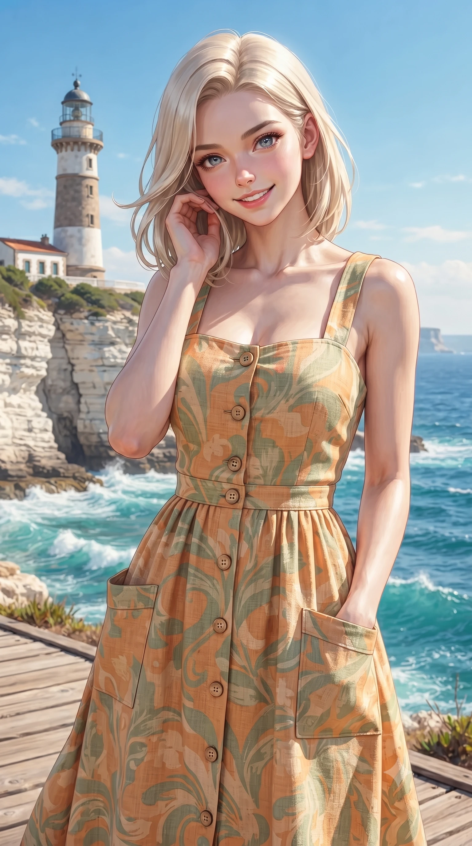 score_9, masterpiece, best quality, ultra-detailed, high-budget anime keyframe, editorial fashion photography, tasteful artistic composition, Caucasian woman. close-up cowboy shot from the waist and thighs up, the character dominates the composition, filling the frame with her large presence. tilting her head with a cute, youthful grin while brushing a stray strand of hair behind her ear with slender fingers while pausing near a charming coastal lighthouse, looking directly into the camera with twinkling, affectionate eyes. The surrounding environment is rendered in vivid detail and crisp panoramic clarity. crisp turquoise seafoam crests, dramatic white cliff strata, and wooden coastal walkway planks in sharp focus. She has an exceptionally elegant, slender, and willowy female figure with an ultra-slim waist, a gracefully sculpted slender torso, toned flat midriff, and a refined slim silhouette. sharp v-shaped jawline, high-bridge nose, intricate jewel-like eyes with depth, thick eyelashes, glossy lips with a natural sheen, pure and lovely fresh girlhood expression, flawlessly proportioned anatomical accuracy, strict slender model proportions, natural body alignment, perfectly sculpted long slender limbs, ultra-slim waistline, clean dynamic posture without body distortion. wearing a vintage-inspired button-front cotton sundress with wide shoulder straps and side pockets in warm apricot and sage green, crafted from soft breathable linen that flutters gently in the breeze, finished with neat natural wooden buttons and patch pocket details, the chic real-way fashion cut emphasizing her effortless charm, flat midriff, and slender model proportions. bathed in brilliant coastal summer sunshine and turquoise ocean water ambient bounce. ultra-reflective glossy finish, specular highlights, rich natural textures, high-contrast stereoscopic depth, volumetric dynamic lighting, 2k, ultra detail, master piece, 9:16 ratio