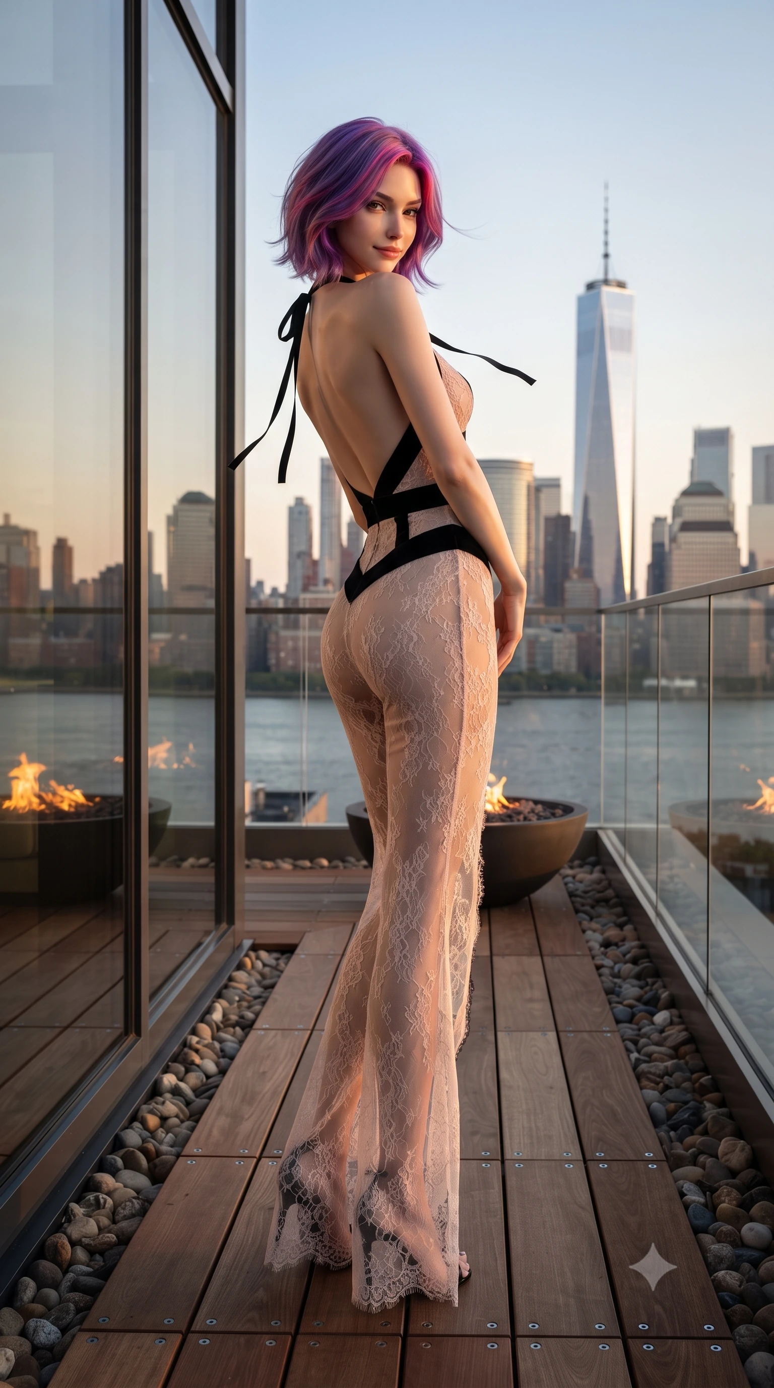 score_9, masterpiece, best quality, ultra-detailed, high-budget anime keyframe, editorial fashion photography, tasteful artistic composition, Caucasian woman. low angle full-body shot from head to toe showing her feet, filling the entire 9:16 vertical frame with her statuesque presence, stretching her vertical silhouette. posing in a classic haute-couture S-curve stance beside the floor-to-ceiling window, looking over a bare shoulder with magnetic presence while standing poised on the private cedar rooftop terrace, arching her lower back with sovereign supermodel poise as One World Trade Center blazes across the East River. The surrounding environment is rendered in vivid detail and crisp panoramic clarity: sharp cedar plank deck fasteners, clear glass balustrade edge bevels, and river pebble borders in deep focus. She has an exceptionally tall and slender model-like 8.5-heads proportion, an ultra-slim waist, a flat toned midriff, narrow delicate ribcage, and beautifully sculpted feminine hips creating a graceful, slim hourglass silhouette without any bulky heaviness, with impossibly long slender legs. sharp v-shaped jawline, high-bridge nose, intricate jewel-like sparkling eyes with depth, thick eyelashes, glossy parted lips with a natural peach sheen, bright cheerful beaming smile with an enchanting and coquettish sensual glint, exuding both youthful cute charm and seductive allure, flawlessly proportioned anatomical accuracy, strict slender model proportions, natural body alignment, perfectly sculpted long slender limbs, ultra-slim waistline, clean dynamic posture without body distortion. wearing a provocative backless sheer illusion halter catsuit with strategic velvet geometric panels hugging her hourglass waist in Kyoto moonlit sakura blush and polished urushi black, made of delicate semi-sheer French Chantilly lace with intricate eyelash edges, finished with satin ribbon ties at the shoulders fluttering in the gentle breeze, the high-slit wrap tailoring accentuating her ultra-slim waistline and the enchanting curve of her feminine hips with alluring seductive charm. bathed in the warm dancing 2400K hearth light of the outdoor fire bowl contrasted with electric cityscape ambient. ultra-reflective glossy finish, specular highlights, rich textural contrasts, high-contrast stereoscopic depth, volumetric dynamic lighting, 2k, ultra detail, master piece, 9:16 ratio