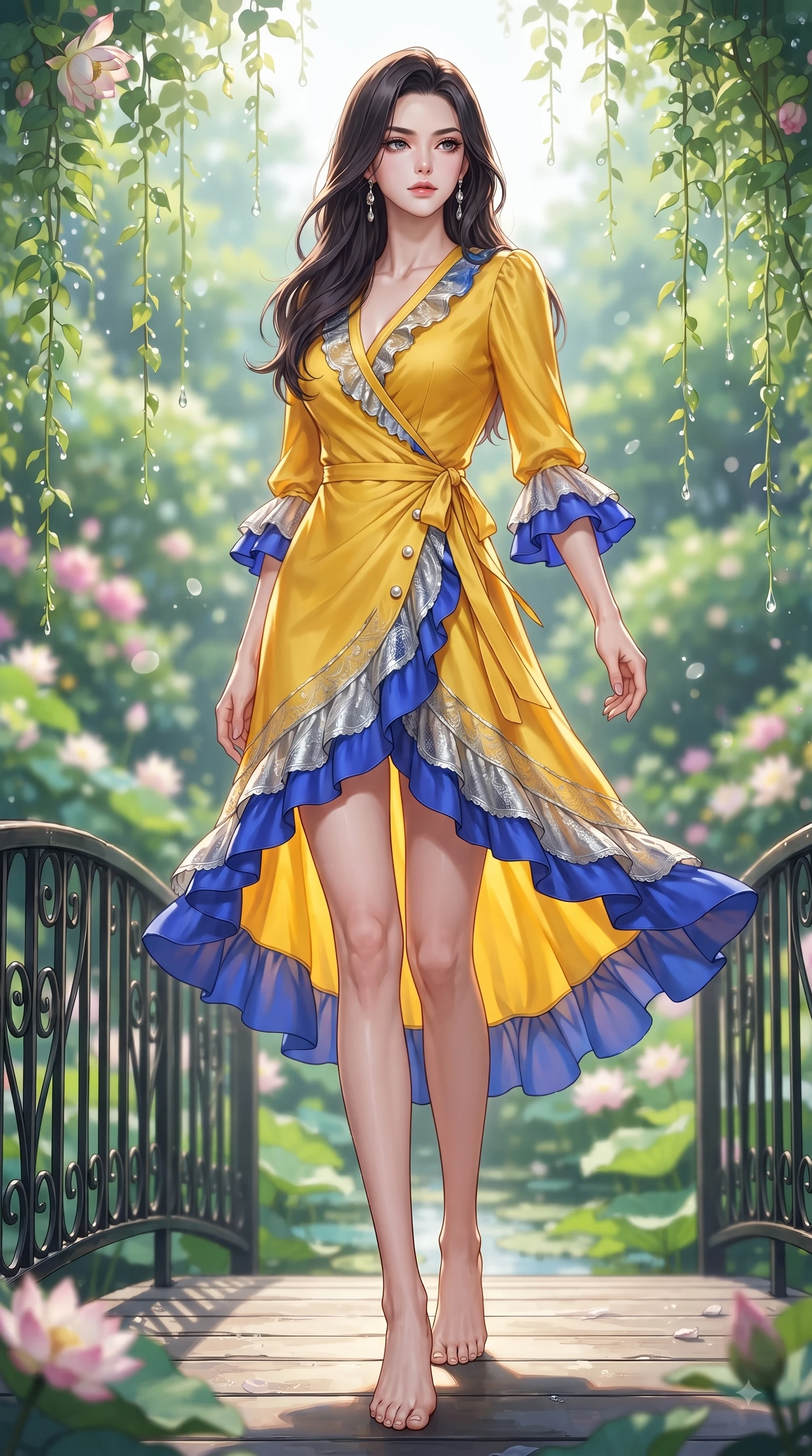 score_9, masterpiece, best quality, ultra-detailed, high-budget anime keyframe, editorial fashion photography, tasteful artistic composition, Korean woman. low angle full-body shot from head to toe showing her feet, filling the entire 9:16 vertical frame with her statuesque presence, stretching her vertical silhouette. Cool disdainful expression looking past the camera with effortless superiority and a stoic facial line while pivoting gracefully on a wrought-iron bridge over a lotus pond dripping with morning dew. The composition keeps background elements in soft focus with dreamy bokeh. cascading botanical vines creating a soft, organic blurred background depth. She has an absolutely perfect, statuesque 8.5-heads proportion, an exceptionally tall and slender model-like female figure with impossibly long slender legs and an ultra-slim waist. sharp v-shaped jawline, high-bridge nose, intricate jewel-like eyes with depth, thick eyelashes, glossy lips with a natural sheen, flawlessly proportioned anatomical accuracy, natural body alignment, perfectly sculpted elegant limbs, clean dynamic posture without body distortion. wearing a cheerful sunflower yellow silk wrap dress with fluttery ruffle hems in electric cobalt blue and polished silver accent, made of fine lace weave and soft satin jersey, accented with delicate pearl buttons and refined ruffle trims, the sleek second-skin fit accentuating her magnetic presence. surrounded by a lush, vibrant, and enchanting garden editorial ambiance. ultra-reflective glossy finish, specular highlights, metallic sheen, high-contrast stereoscopic depth, volumetric dynamic lighting, 2k, ultra detail, master piece, 9:16 ratio