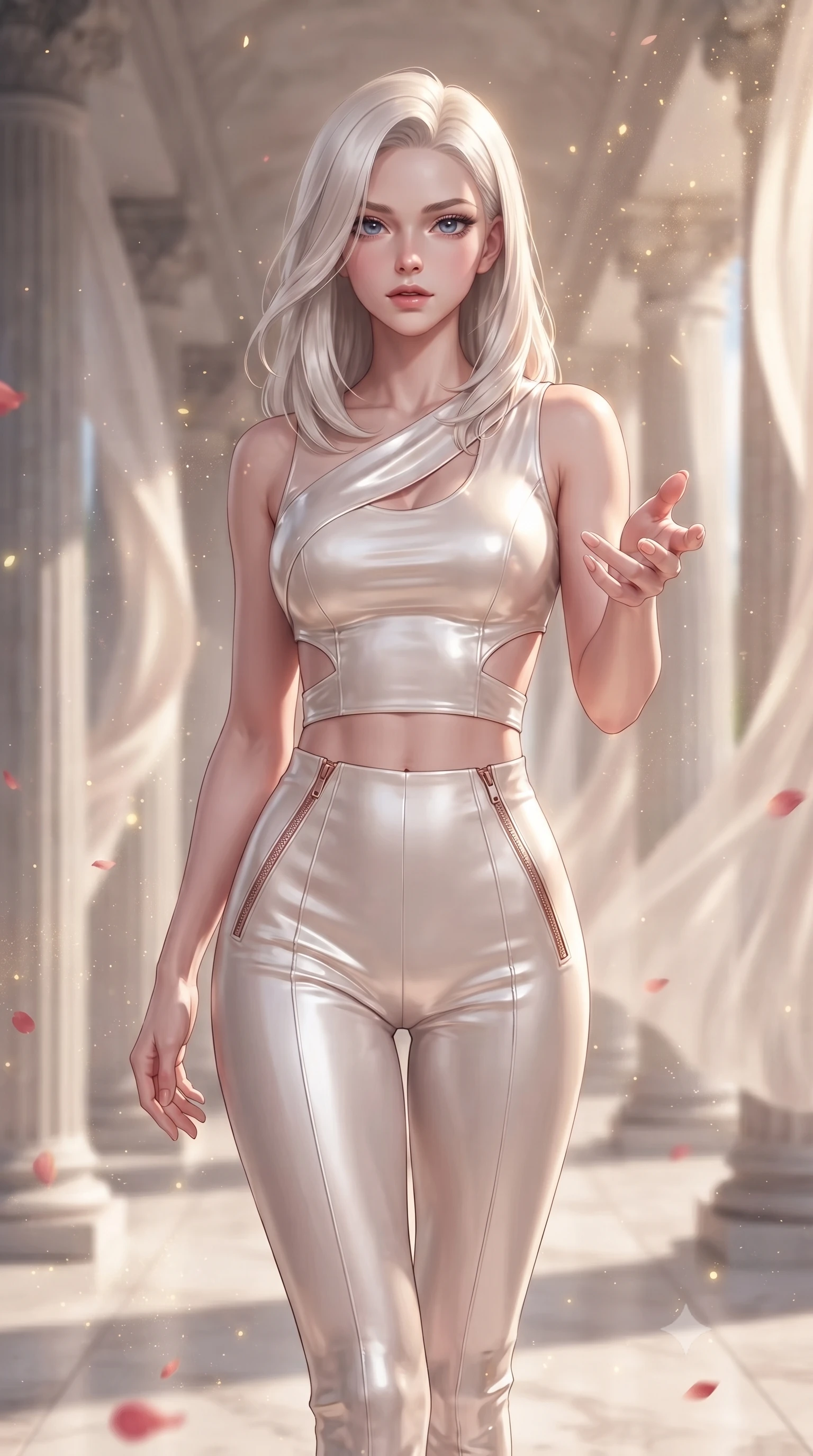 score_9, masterpiece, best quality, ultra-detailed, high-budget anime keyframe, editorial fashion photography, tasteful artistic composition, Caucasian woman. close-up cowboy shot from the waist and thighs up, the character dominates the composition, filling the frame with her large presence, background elements kept in soft focus. Reaching one hand gracefully toward the viewer with effortless superiority and allure walking through an open-air colonnade with billowing silk gossamer curtains, floating rose petals and golden dust motes sparkling in the air. She has an exceptionally elegant, slender, and willowy female figure with an ultra-slim waist, a gracefully sculpted slender torso, and a refined silhouette. sharp v-shaped jawline, high-bridge nose, intricate jewel-like eyes with depth, thick eyelashes, glossy lips with a natural sheen. wearing a glossy vinyl crop top and high-waist tailored leggings with sleek zippers in pearl white and rose gold, crafted from lustrous satin jersey with fluid draping, featuring clean architectural cutouts along her slender torso, the elegant draped fit framing her graceful clavicle and slender torso. surrounded by a bright, luxurious aura of warm sunshine and sky reflections. ultra-reflective glossy finish, specular highlights, metallic sheen, high-contrast stereoscopic depth, volumetric dynamic lighting, 2k, ultra detail, master piece, 9:16 ratio
