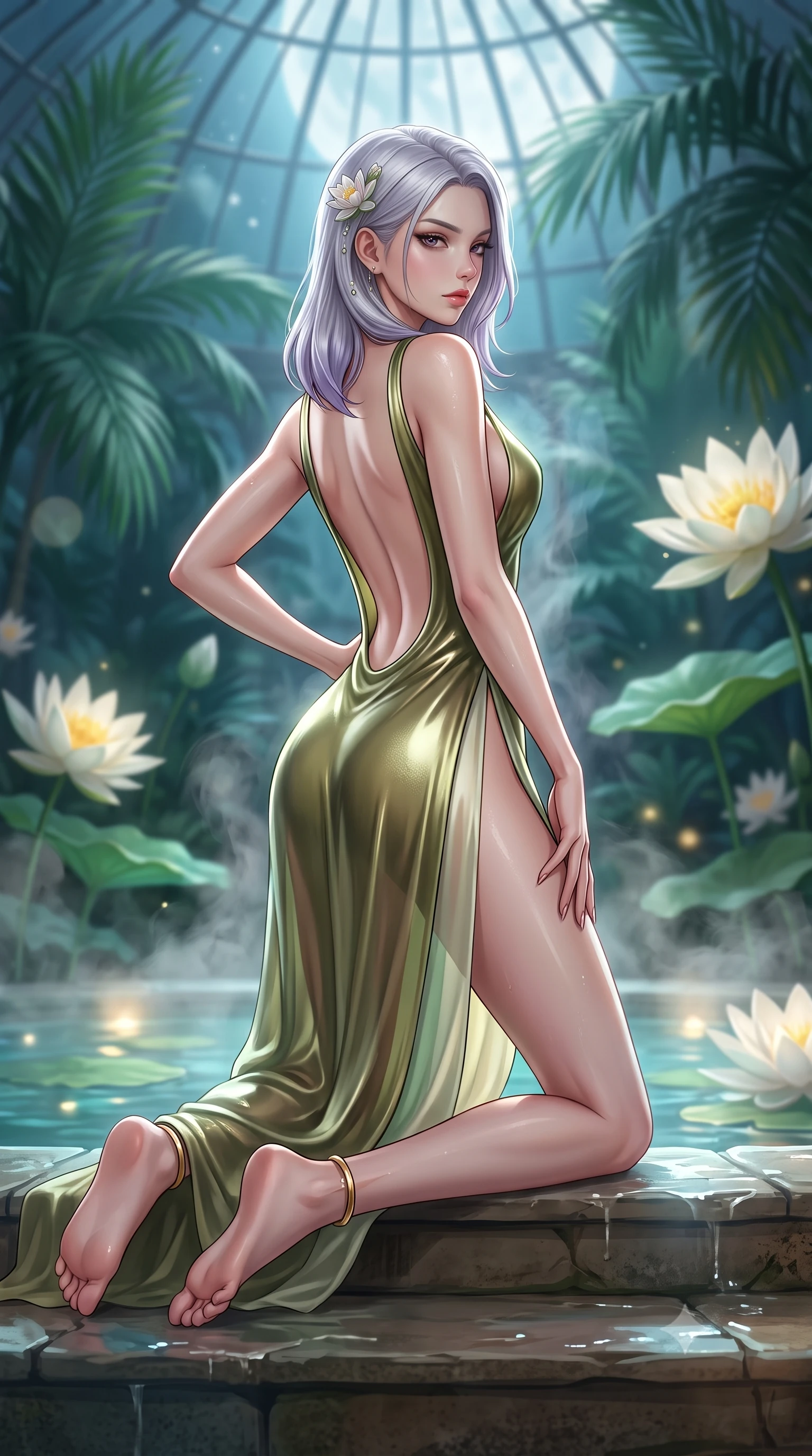 score_9, masterpiece, best quality, ultra-detailed, high-budget anime keyframe, semi-realistic 3D game render, editorial fashion photography, tasteful artistic composition, Caucasian woman. low angle full-body shot from head to toe showing her feet, filling the entire 9:16 vertical frame with her statuesque presence, stretching her vertical silhouette. posing with back turned slightly to the lens, glancing back with smoldering allure as she arches her lower back to emphasize her sculpted feminine hips and slender waist while kneeling gracefully on a wet stone pool step with one hand on her hip, thermal steam rising to caress her feminine curves. The composition keeps background elements in soft focus with creamy bokeh. towering exotic palm fronds and giant floating lily blossoms blurred into deep emerald, turquoise, and soft moonlight bokeh. She has an absolutely perfect, statuesque 8.5-heads proportion, an exceptionally tall and slender model-like female figure with impossibly long slender legs, a toned flat midriff, an ultra-slim waist, and beautifully sculpted feminine hips. sharp v-shaped jawline, high-bridge nose, intricate jewel-like eyes with depth, thick eyelashes, glossy parted lips with a natural sheen, intensely captivating and seductive bedroom-eyes expression, flawlessly proportioned anatomical accuracy, strict slender model proportions, natural body alignment, perfectly sculpted long slender limbs, ultra-slim waistline, clean dynamic posture without body distortion. wearing a liquid metallic olive gown with open side slits ascending to the high hip in fresh sage green and warm water-lily ivory, crafted from weightless prism organza that refracts light with every motion, accessorized with delicate water-lily hairpins and minimalist gold ankle cuffs, the dramatically scooped open back descending to the base of her spine, accentuating her razor-sharp statuesque lines and curvy hourglass silhouette. bathed in cool silver moonlight filtering through the glass dome and warm underwater pool uplights. highly saturated vibrant anime colors, detailed shading with soft gradients, rich glossy textures, high-contrast stereoscopic depth, volumetric dynamic lighting, master piece, 9:16 ratio