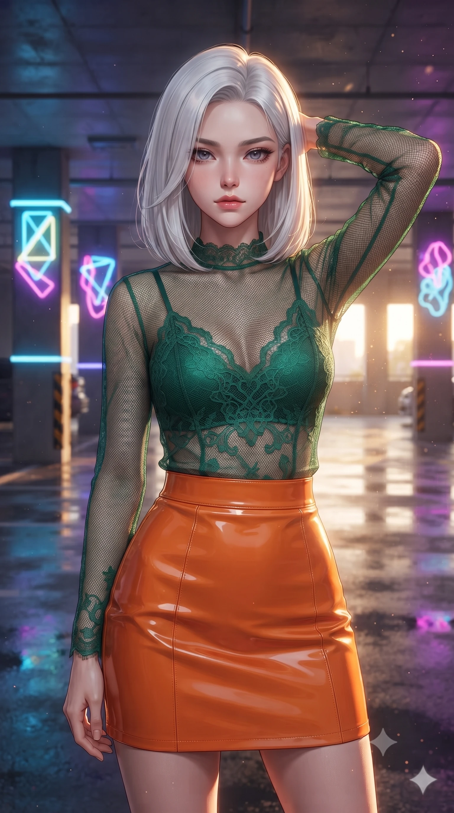 score_9, masterpiece, best quality, ultra-detailed, high-budget anime keyframe, editorial fashion photography, tasteful artistic composition, Korean woman. close-up cowboy shot from the waist and thighs up, the character dominates the composition, filling the frame with her large presence, background elements kept in soft focus. Placing one hand behind her head with confident body language and a direct stare. set against a soft-focus background of a multi-story parking garage transformed by contemporary art installations with every concrete column wrapped in programmable color-changing LED strips and neon tube art pieces casting vivid pools of light on glossy wet concrete. She has an exceptionally elegant and slender, willowy female figure with an ultra-slim waist, a gracefully sculpted slender torso, and a refined slim physique. sharp v-shaped jawline, high-bridge nose, intricate jewel-like eyes with depth, thick eyelashes, glossy lips with a natural sheen. wearing a see-through mesh top in emerald green with lace detailing, paired with a structured orange skirt in a high-gloss finish. golden hour sunlight streaming in warm shafts with floating dust particles catching the light. 2k, ultra detail, master piece, 9:16 ratio