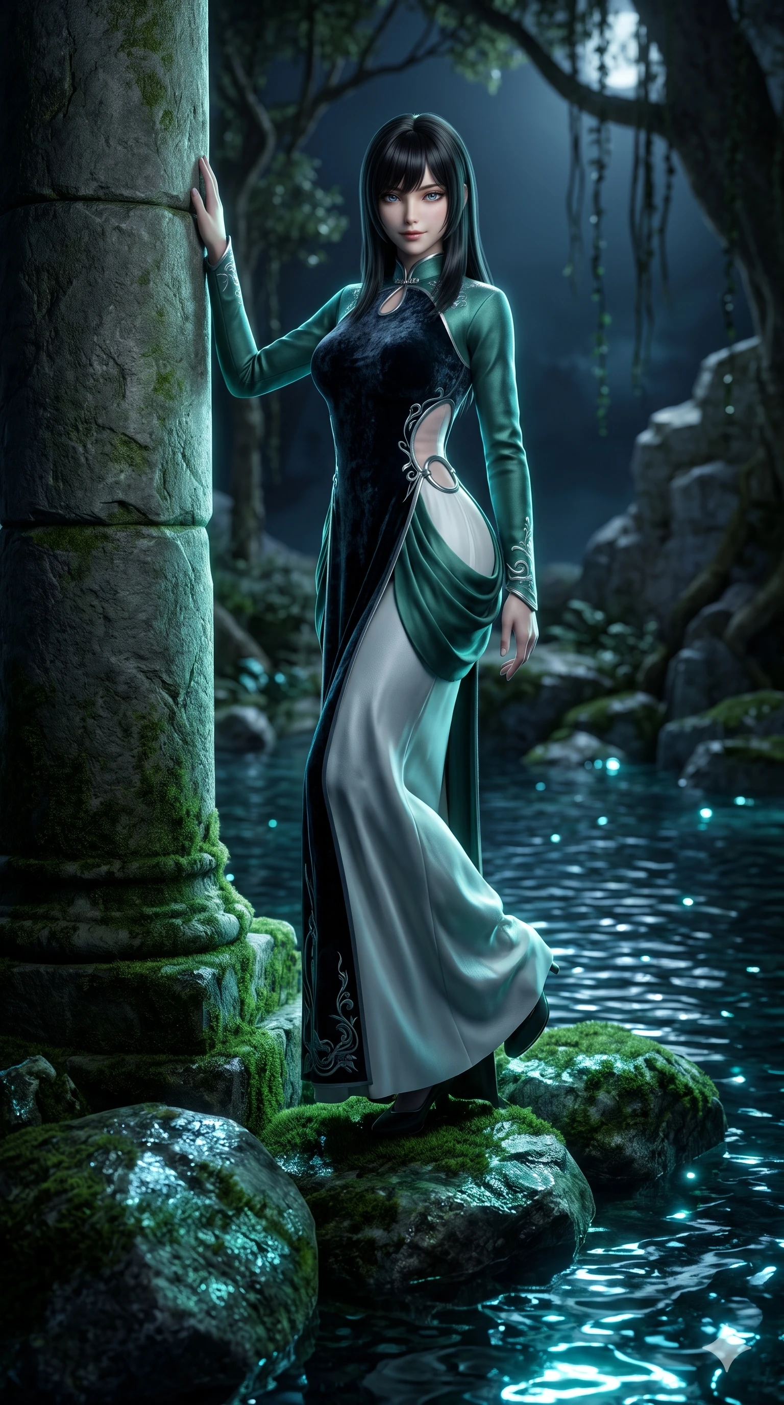 score_9, masterpiece, best quality, ultra-detailed, high-budget anime keyframe, semi-realistic 3D game render, editorial fashion photography, tasteful artistic composition, Caucasian woman. low angle full-body shot from head to toe showing her feet, filling the entire 9:16 vertical frame with her statuesque presence, stretching her vertical silhouette. standing tall beside the architectural column, one hand resting high while arching her lower back to emphasize her sculpted feminine hips and slender waist while perched sideways on the mossy boulder at the water's edge, one knee drawn up to showcase her slender leg line while her arched back accentuates her curves. The background shows a soft-focus sacred secluded mountain spring softened in nocturnal fantasy shallow focus. She has an absolutely perfect, statuesque 8.5-heads proportion, an exceptionally tall and slender model-like female figure with impossibly long slender legs, an ultra-slim waist, a flat toned midriff, narrow delicate ribcage, and beautifully sculpted feminine hips creating a graceful, slim hourglass silhouette without any bulky heaviness. sharp v-shaped jawline, high-bridge nose, sparkling eyes with hypnotic seductive depth, thick curled eyelashes, glossy parted lips with a natural dewy peach sheen, alluring bedroom-eyes with an enchanting coquettish smile, exuding magnetic siren charisma and sophisticated glamour, flawlessly proportioned anatomical accuracy, strict slender model proportions, natural body alignment, perfectly sculpted long slender limbs, ultra-slim waistline, clean dynamic posture without body distortion. wearing a tailored silk faille evening gown with traditional curved dongjeong collar and tailored sleeves in moonlit jade green and pure alabaster white with silver accents, tailored from crushed dark velvet with deep light-absorbing plush texture, accented with sculptural chrome hardware rings framing the subtle cutouts, the impeccably tailored cut draping gracefully along her slender figure with aristocratic eastern poise. illuminated by spring water surface bounce and sharp cyan-aquamarine rim lights defining her razor-sharp jawline, narrow waist, and curvy hips. highly saturated vibrant anime colors, detailed shading with soft gradients, rich glossy textures, high-contrast stereoscopic depth, volumetric dynamic lighting, master piece, 9:16 ratio