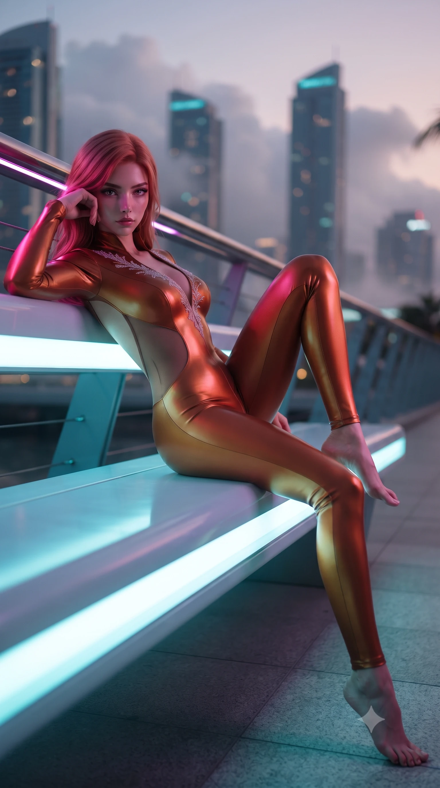 score_9, masterpiece, best quality, ultra-detailed, high-budget anime keyframe, editorial fashion photography, tasteful artistic composition, Japanese woman. low angle full-body shot from head to toe showing her feet, filling the entire 9:16 vertical frame with her statuesque presence, stretching her vertical silhouette. reclining on her side in an elegant Cleopatra pose with one knee drawn up, the dramatic contour of her rounded hips and long slender legs commanding the 9:16 vertical frame while reclining on a sleek luminescent outdoor bench along the aerial walkway, her long slender legs and curvy hips sculpted by vibrant tropical neon light. The composition keeps background elements in soft focus with creamy bokeh. distant futuristic marina skyscrapers and tropical mist clouds softened in sleek cyberpunk shallow focus. She has an exceptionally tall and slender model-like 8.5-heads proportion, an ultra-slim waist, a flat toned midriff, narrow delicate ribcage, and beautifully sculpted feminine hips creating a graceful, slim hourglass silhouette without any bulky heaviness, with impossibly long slender legs. sharp v-shaped jawline, high-bridge nose, intricate jewel-like eyes with depth, thick eyelashes, glossy parted lips with a natural sheen, intensely captivating and seductive bedroom-eyes expression, flawlessly proportioned anatomical accuracy, strict slender model proportions, natural body alignment, perfectly sculpted long slender limbs, ultra-slim waistline, clean dynamic posture without body distortion. wearing a second-skin compression catsuit with an open back and sheer mesh side waist contouring in rich copper bronze and warm amber, tailored from water-resistant treated wool gabardine and flexible stretch silk, finished with delicate crystal frost embroidery tracing the plunging neckline, the second-skin form-contouring cut accentuating her sculpted flat midriff, narrow delicate ribcage, and gracefully curvy hips with supermodel precision. bathed in rich magenta and cyan bioluminescent light contrasting with warm tropical ambient twilight. ultra-reflective glossy finish, specular highlights, rich textural contrasts, high-contrast stereoscopic depth, volumetric dynamic lighting, 2k, ultra detail, master piece, 9:16 ratio