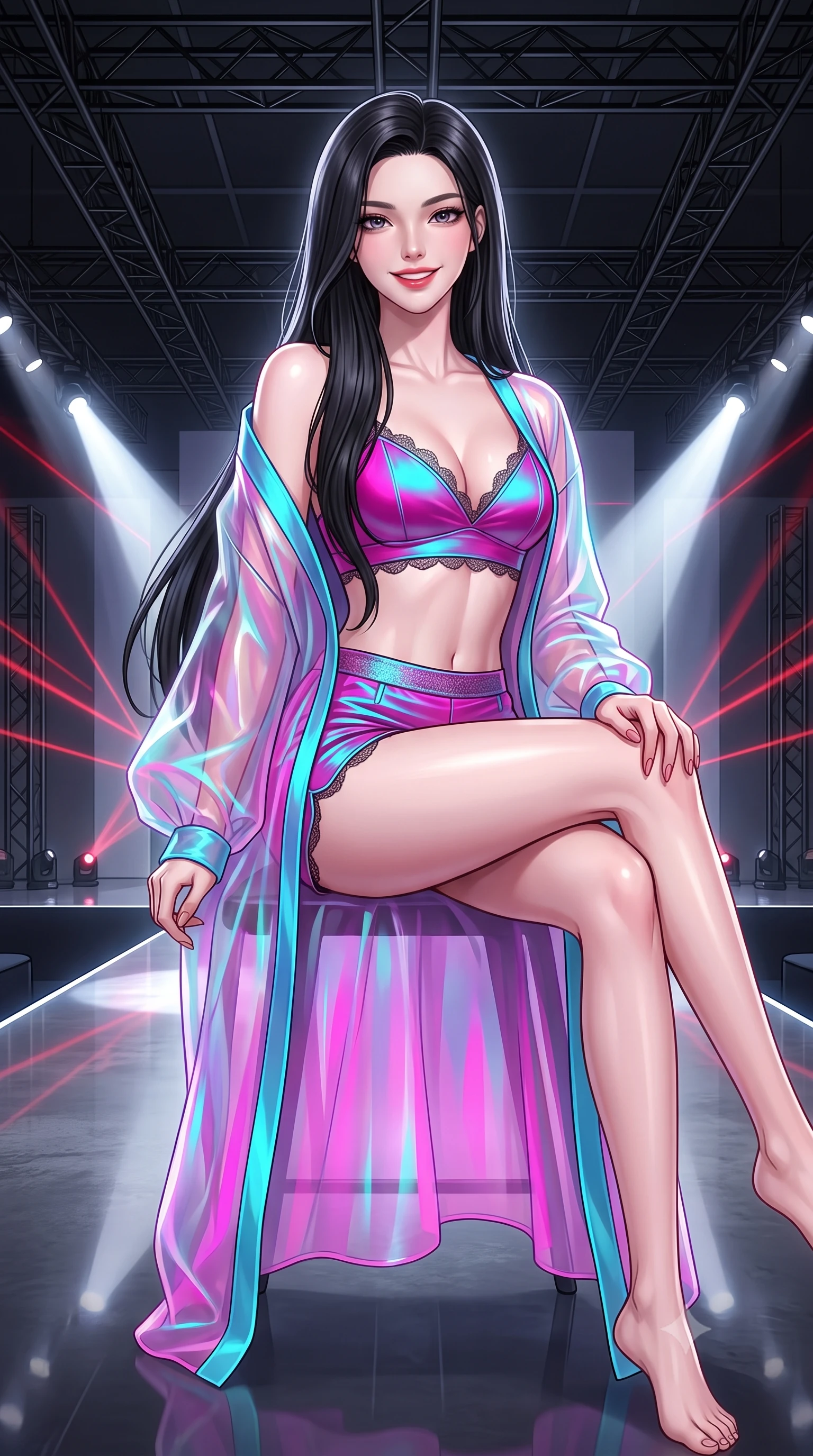 score_9, masterpiece, best quality, ultra-detailed, high-budget anime keyframe, editorial fashion photography, tasteful artistic composition, Korean woman. close-up cowboy shot from the waist and thighs up, the character dominates the composition, filling the frame with her large presence. perched sideways on the lounge seat, one knee drawn up to showcase her slender leg line while her arched back accentuates her feminine hip curve while standing poised at the center of the mirror-finished concrete runway beneath exposed black steel trusses, arching her spine with commanding haute-couture charisma. The surrounding environment is rendered in vivid detail and crisp panoramic clarity: sharp black matte steel trusses, mirror-polished industrial epoxy floor reflections, and crisp laser projection lines in deep focus. She has an exceptionally elegant, slender, and willowy female figure with an ultra-slim waist, flat toned midriff, narrow ribcage, and sculpted feminine hips creating an alluring, slim hourglass silhouette without bulk. sharp v-shaped jawline, high-bridge nose, intricate jewel-like sparkling eyes with depth, thick eyelashes, glossy parted lips with a natural peach sheen, bright cheerful beaming smile with an enchanting and coquettish sensual glint, exuding both youthful cute charm and seductive allure, flawlessly proportioned anatomical accuracy, strict slender model proportions, natural body alignment, perfectly sculpted long slender limbs, ultra-slim waistline, clean dynamic posture without body distortion. wearing a translucent iridescent organza kimono robe slipping off bare shoulders over a matching satin micro-bralette and shorts in Neo-Tokyo neon magenta and electric cyan, tailored from high-density tech-wool with subtle metallic thread weave, finished with scalloped eyelash lace trim framing her sweetheart neckline with intimate elegance, the second-skin tailored fabric adhering flawlessly to her sculpted flat midriff and slender torso, emphasizing her long leg lines and perfectly proportioned willowy build. bathed in high-contrast crisp white 5000K runway spotlights contrasted with subtle red ambient laser ribbons. ultra-reflective glossy finish, specular highlights, rich textural contrasts, high-contrast stereoscopic depth, volumetric dynamic lighting, 2k, ultra detail, master piece, 9:16 ratio